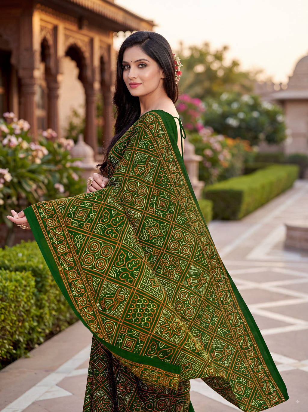 Maharani Heritage Print Green Bandhani Saree