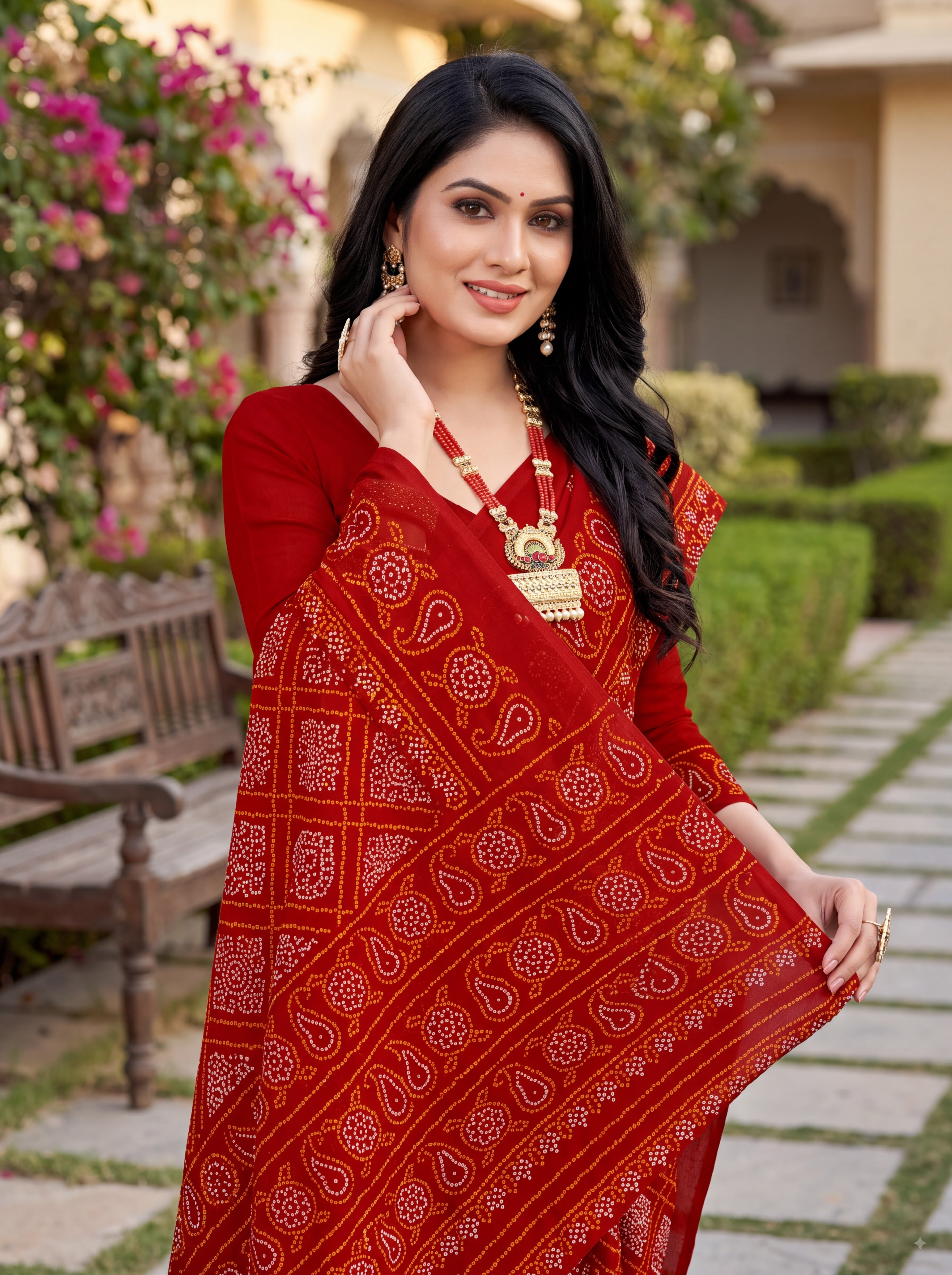 Raj Vaibhav Heritage Print Red Bandhani Saree