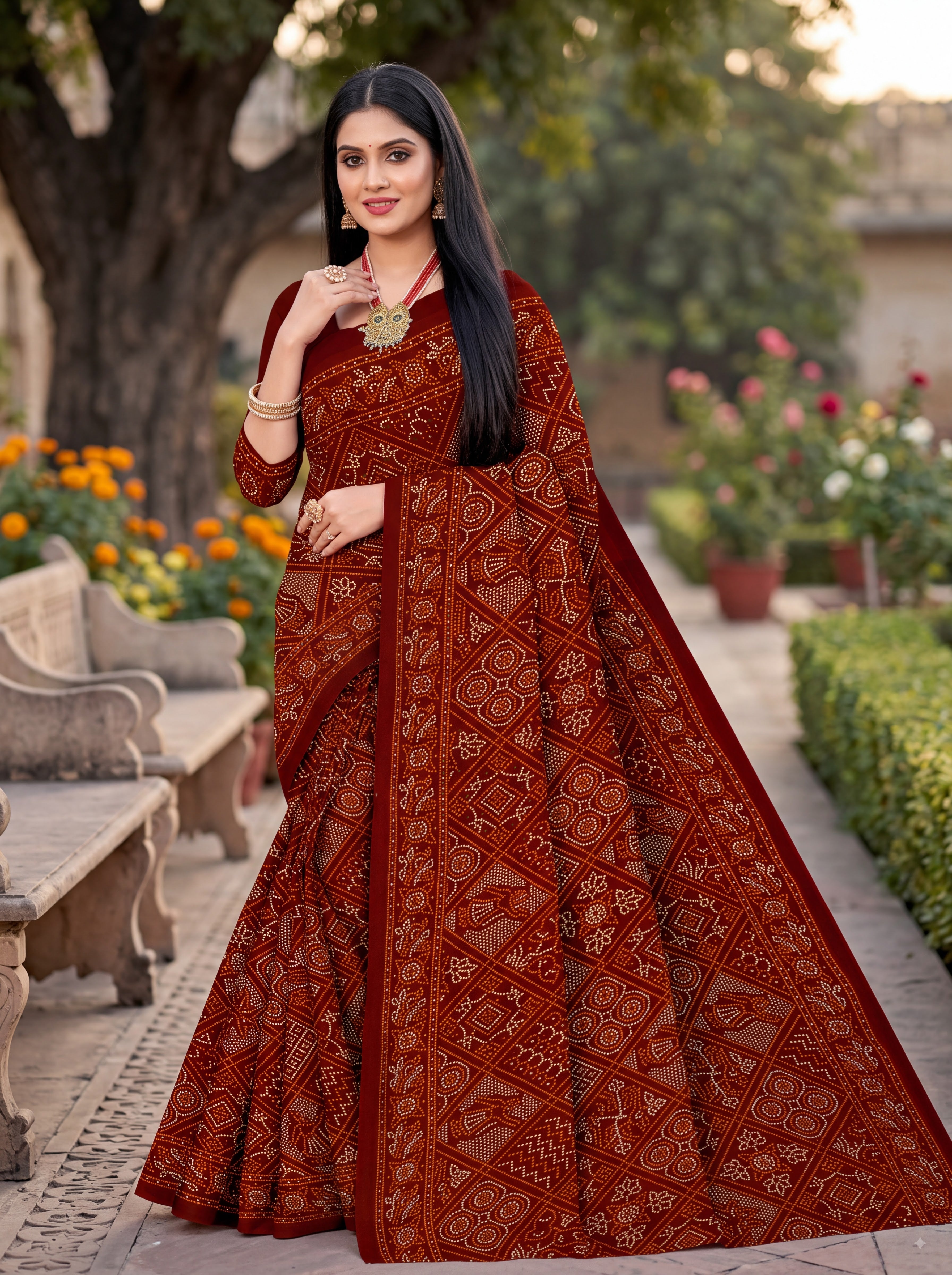 Maharani Heritage Print Maroon Bandhani Saree