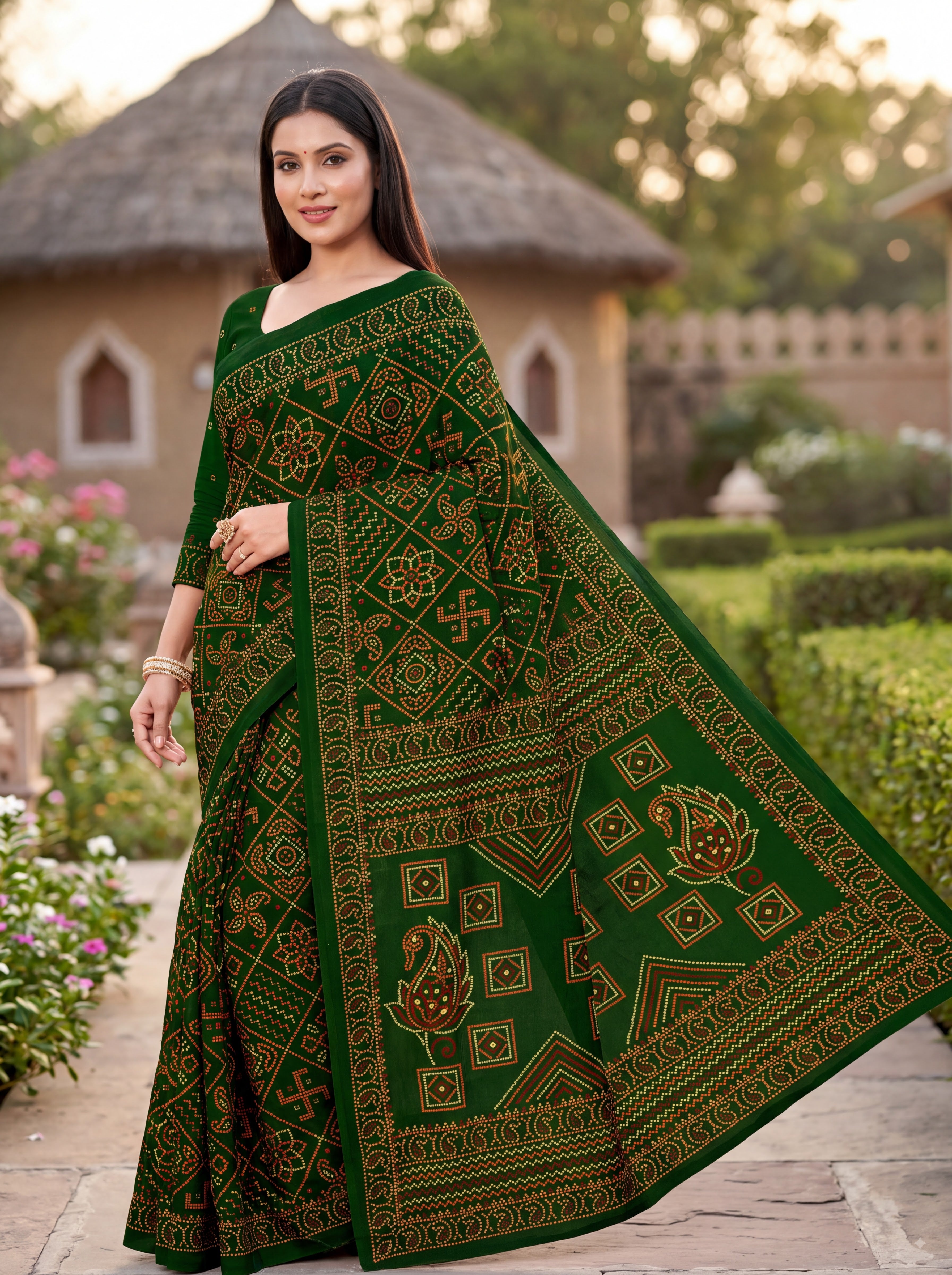 Padmavati Heritage Print Green Bandhani Saree