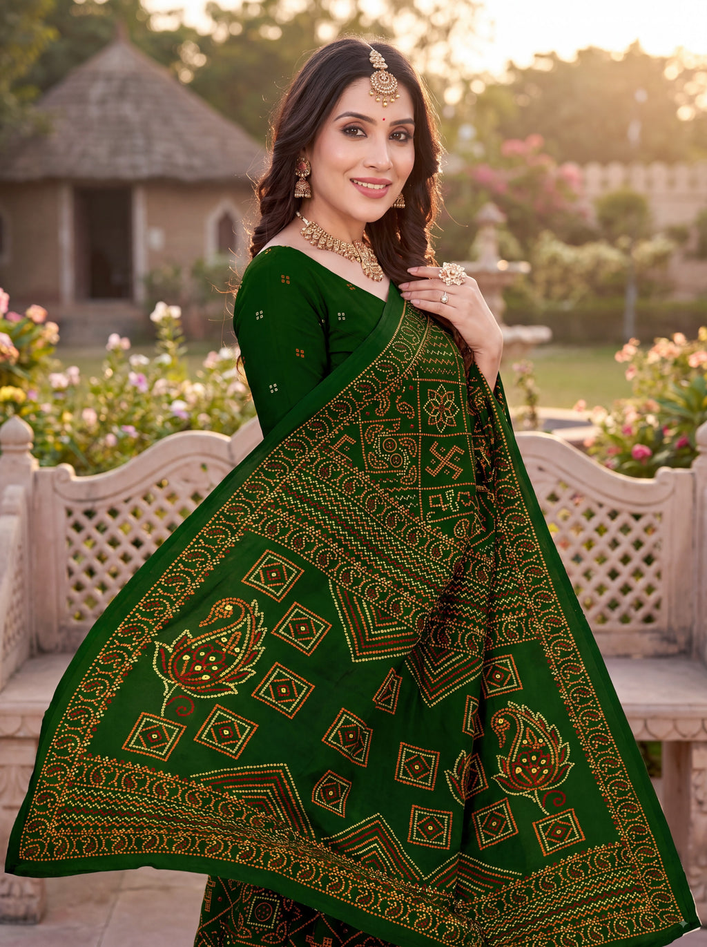 Padmavati Heritage Print Green Bandhani Saree
