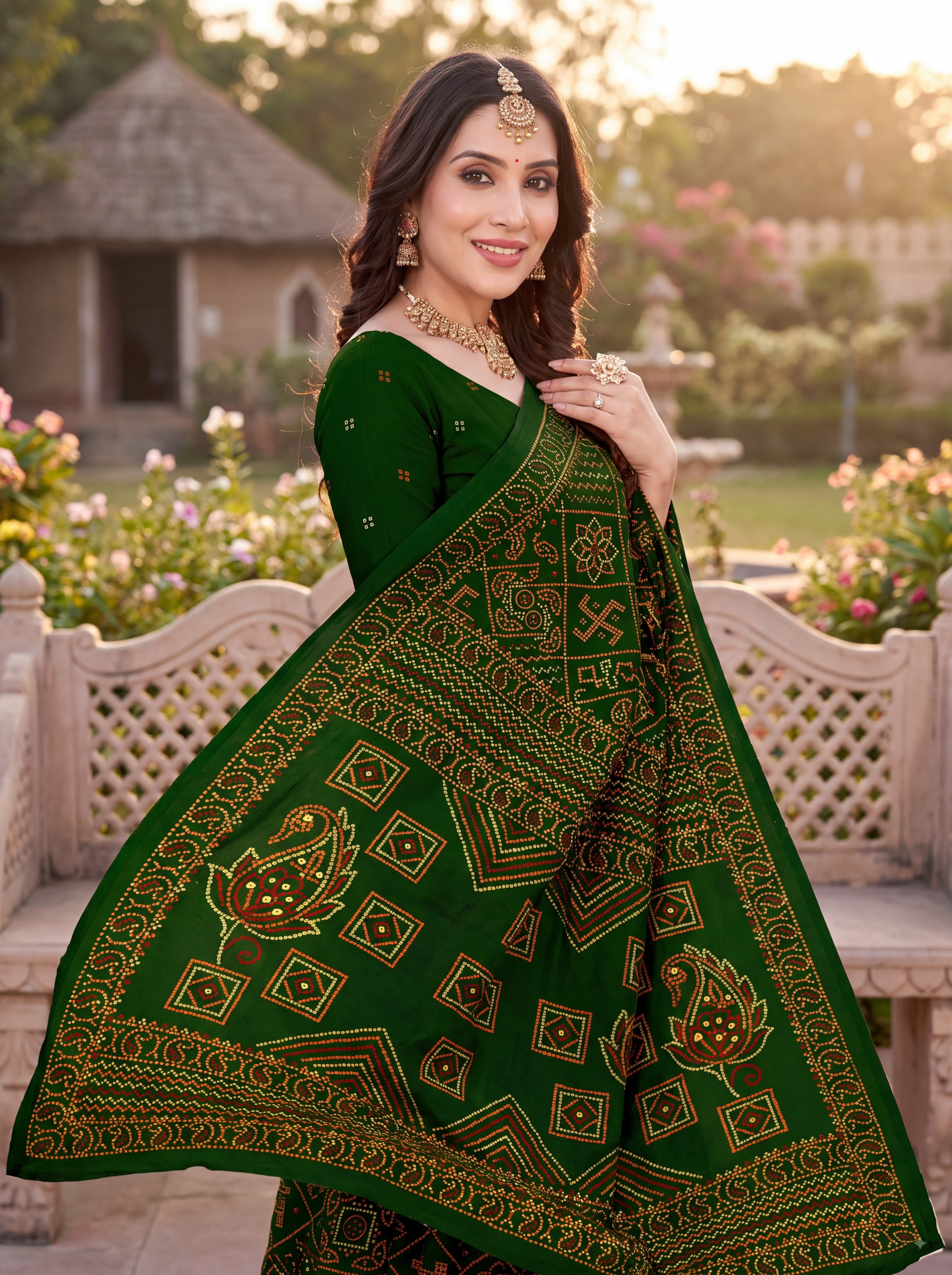 Padmavati Heritage Print Green Bandhani Saree