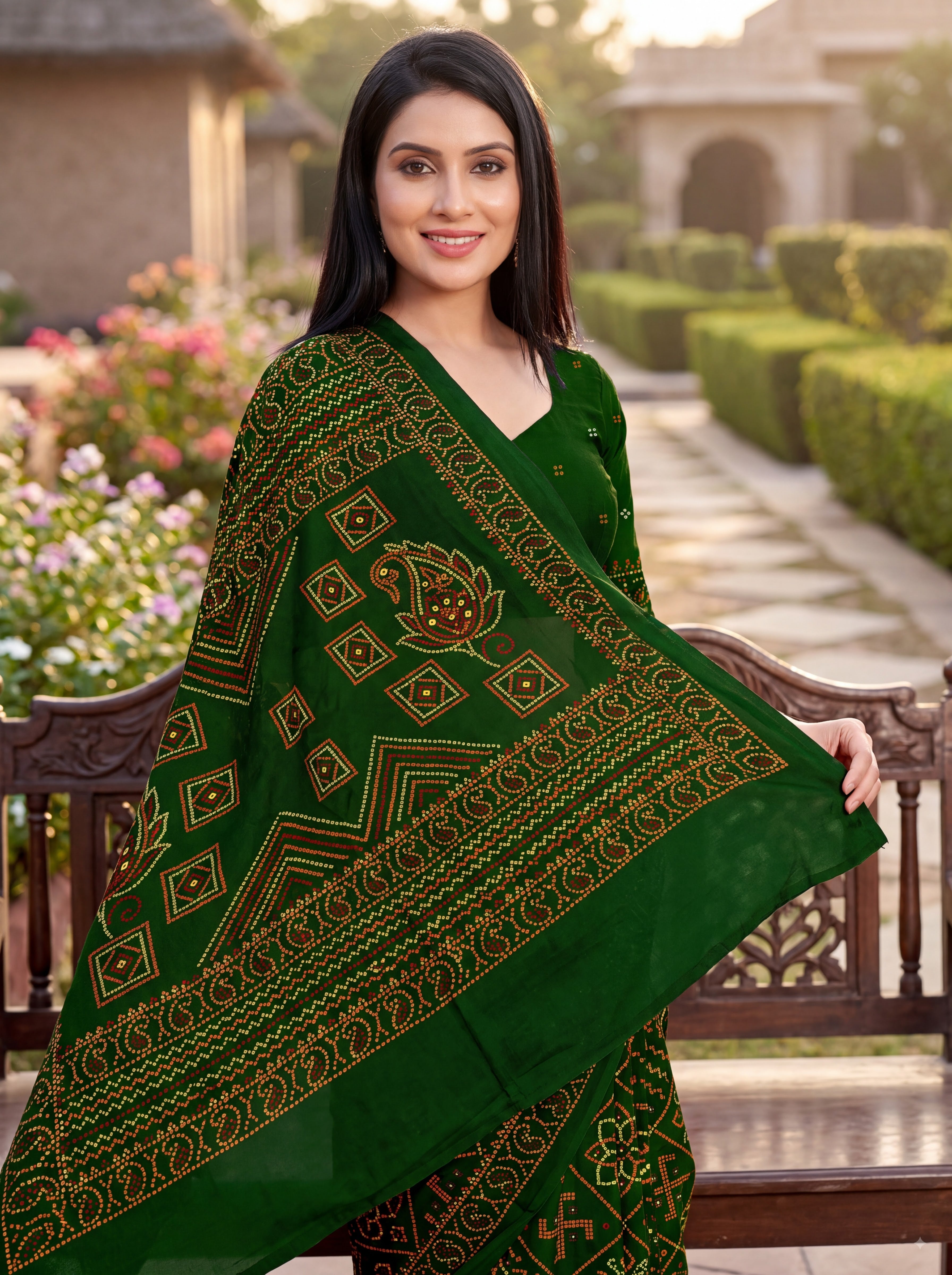 Padmavati Heritage Print Green Bandhani Saree