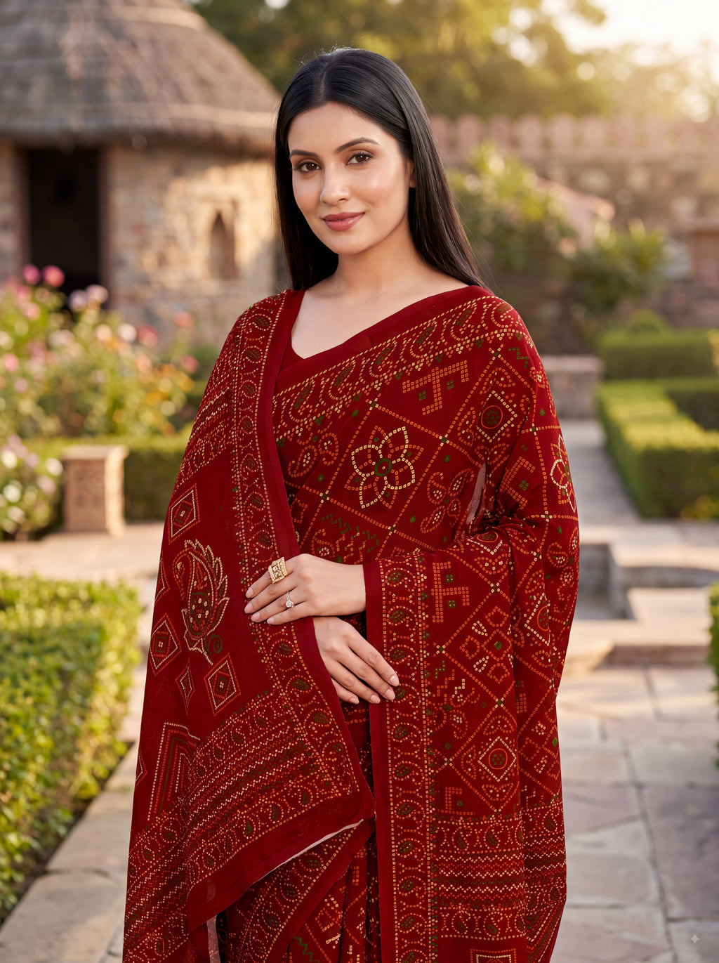 Padmavati Heritage Print Maroon Bandhani Saree