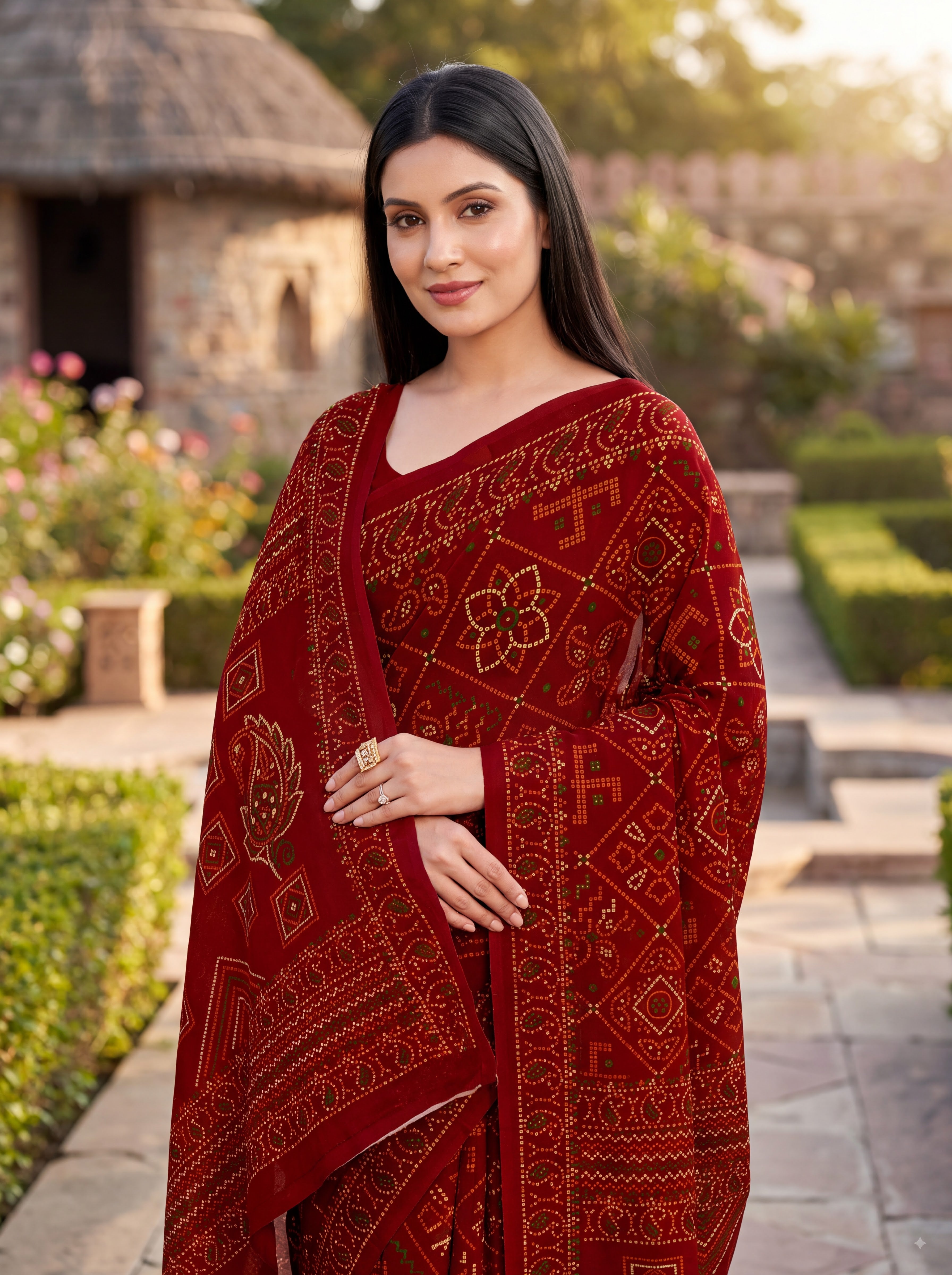 Padmavati Heritage Print Maroon Bandhani Saree