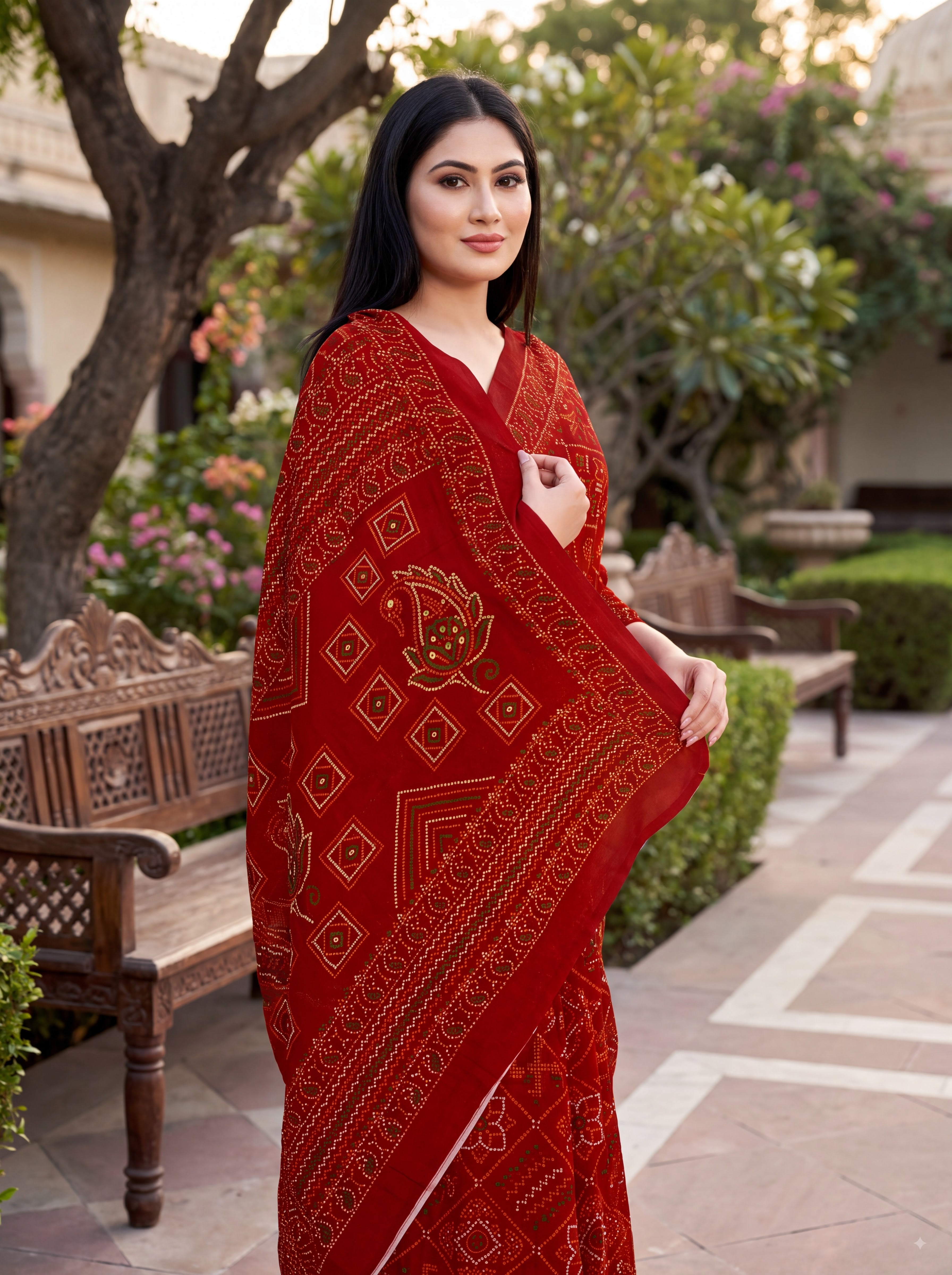 Padmavati Heritage Print Red Bandhani Saree