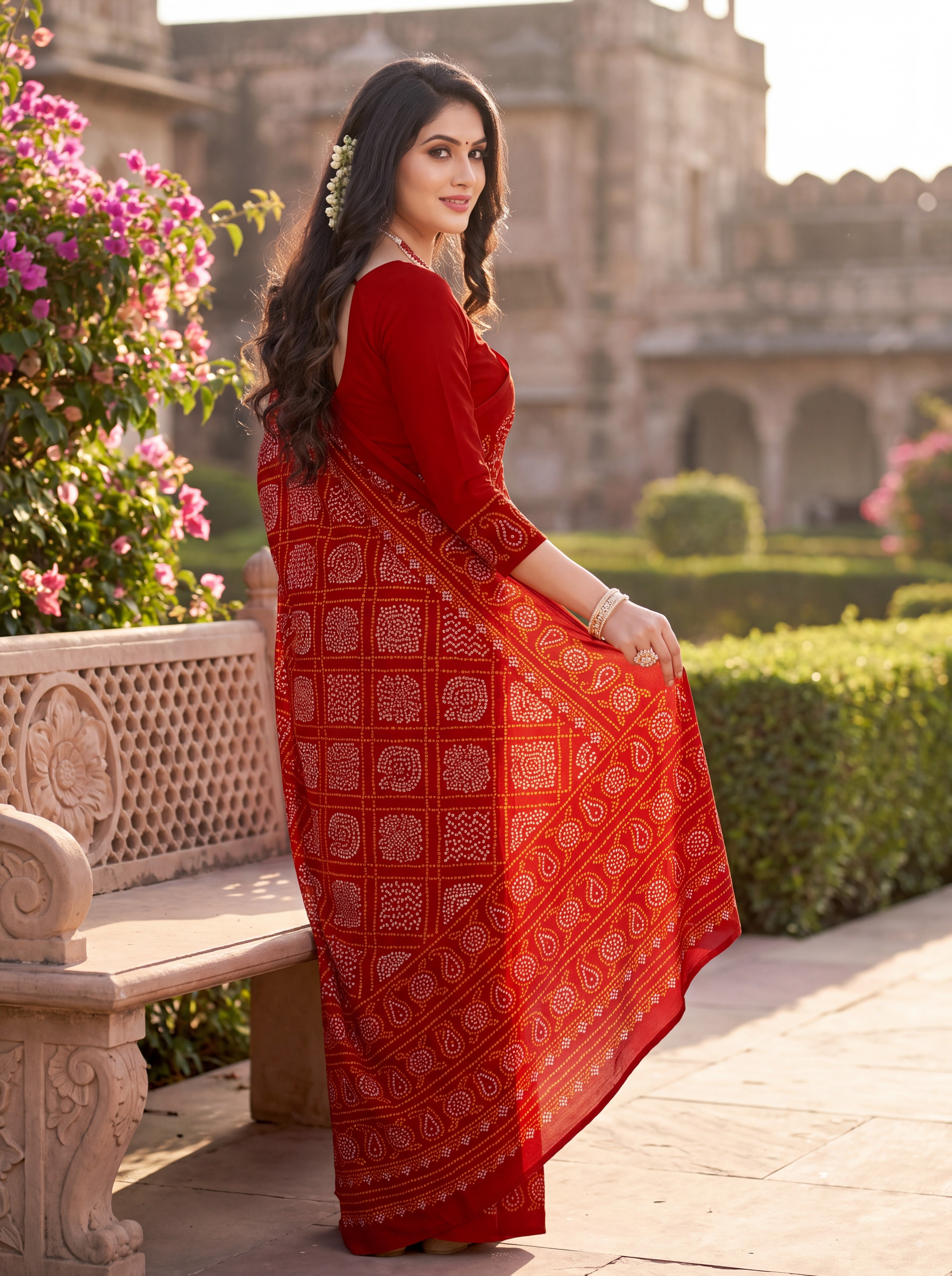 Raj Vaibhav Heritage Print Red Bandhani Saree