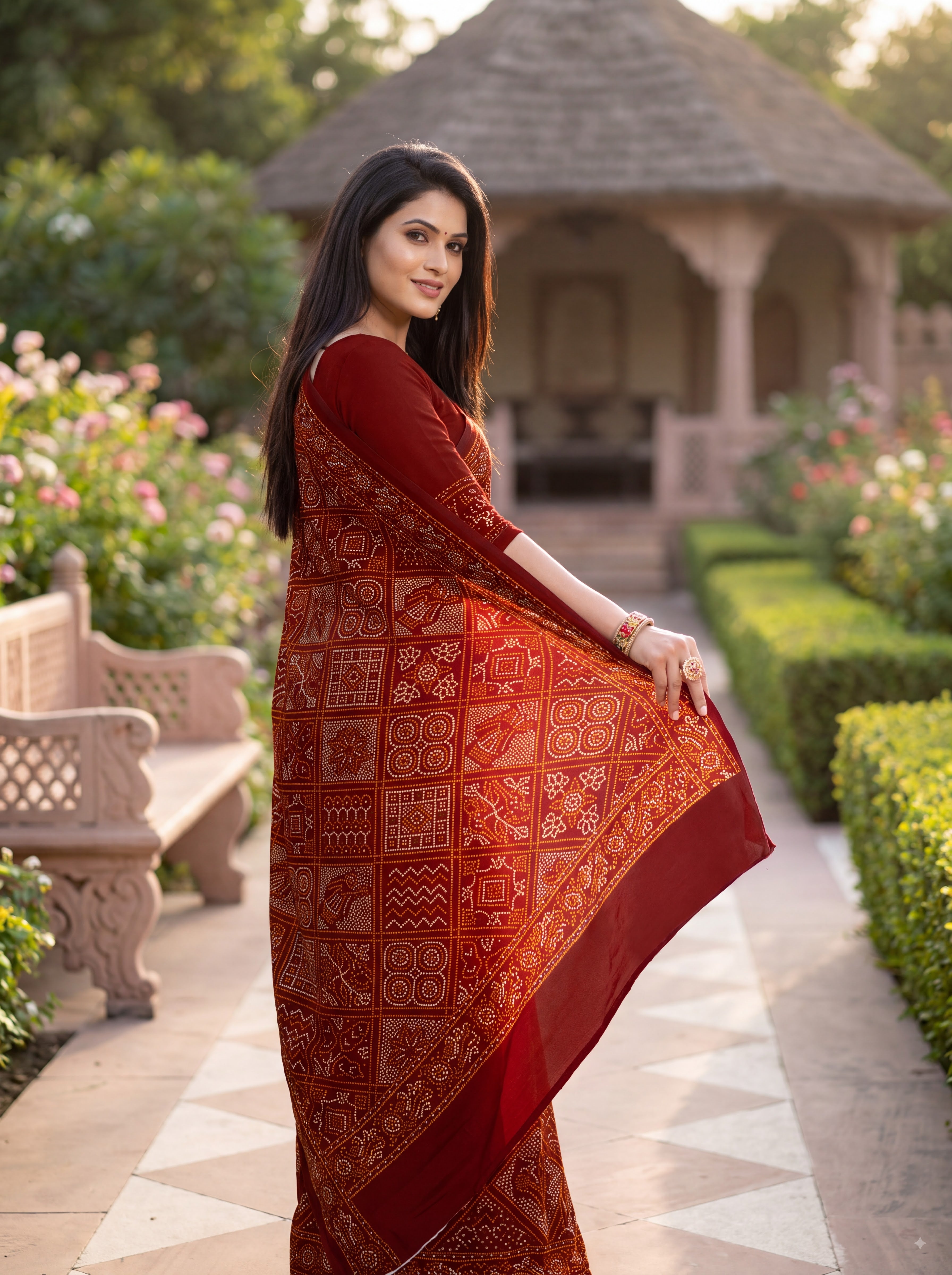 Maharani Heritage Print Maroon Bandhani Saree