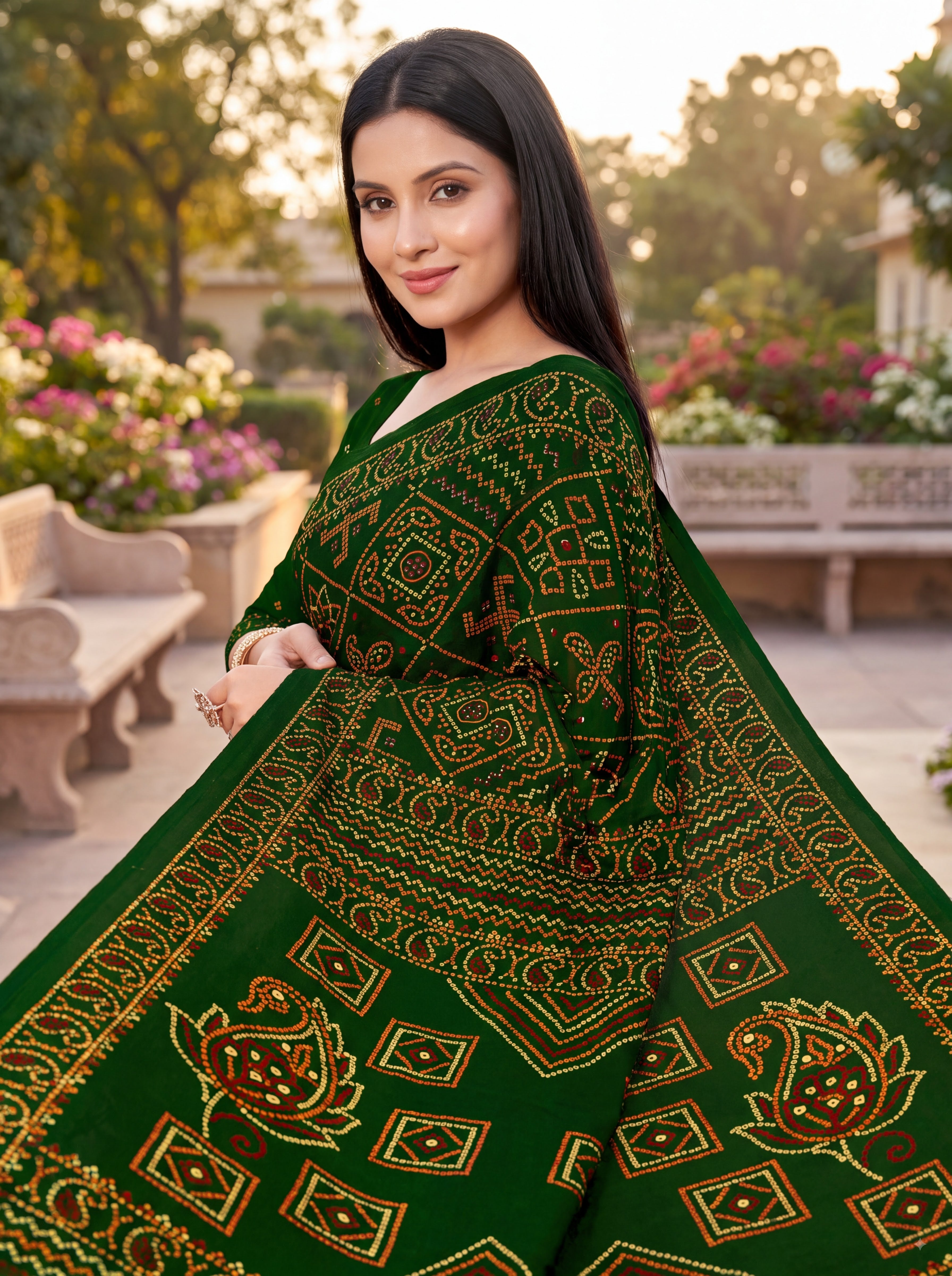 Padmavati Heritage Print Green Bandhani Saree