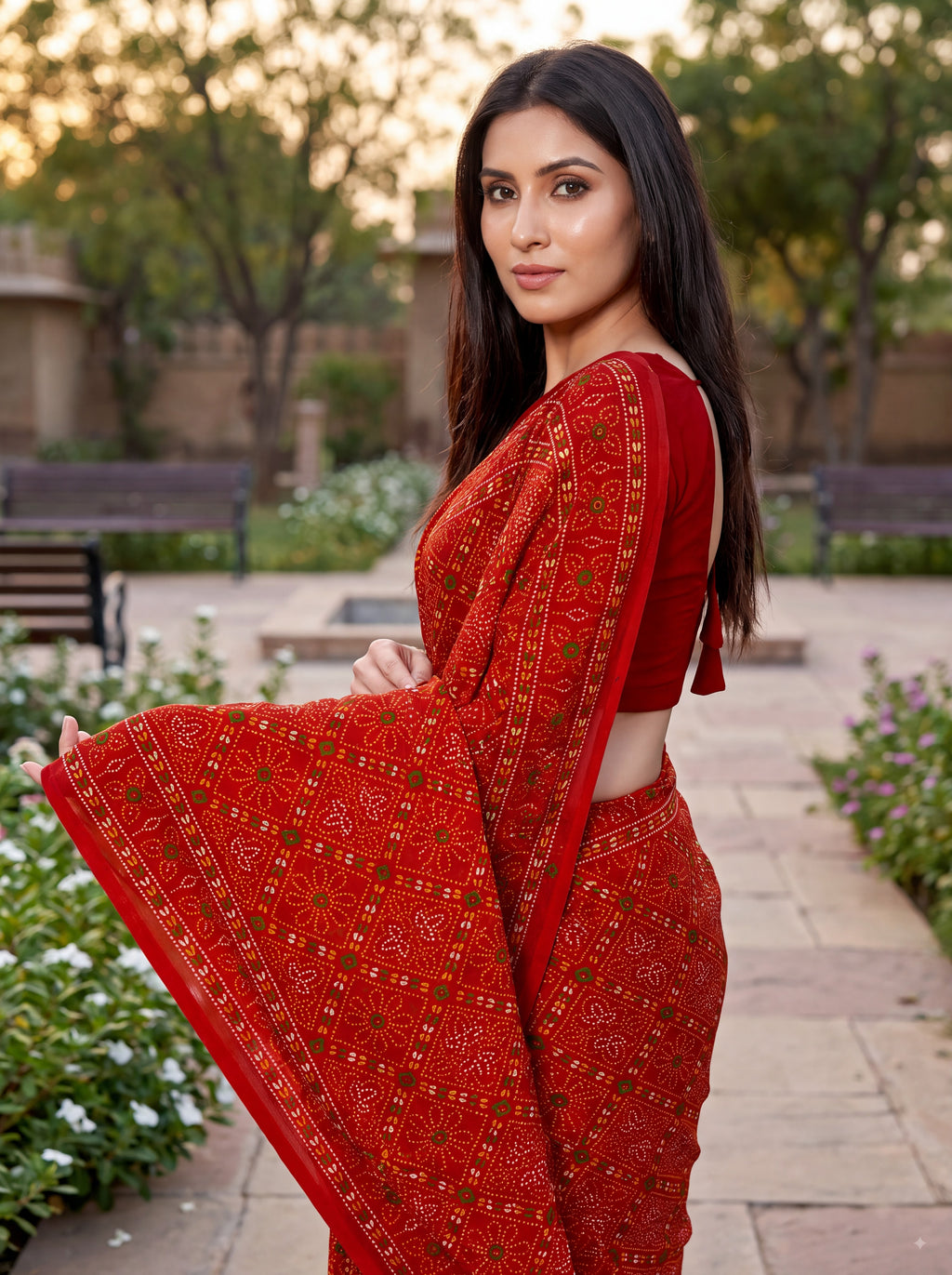 Raj Tilak Heritage Print Red Bandhani Saree