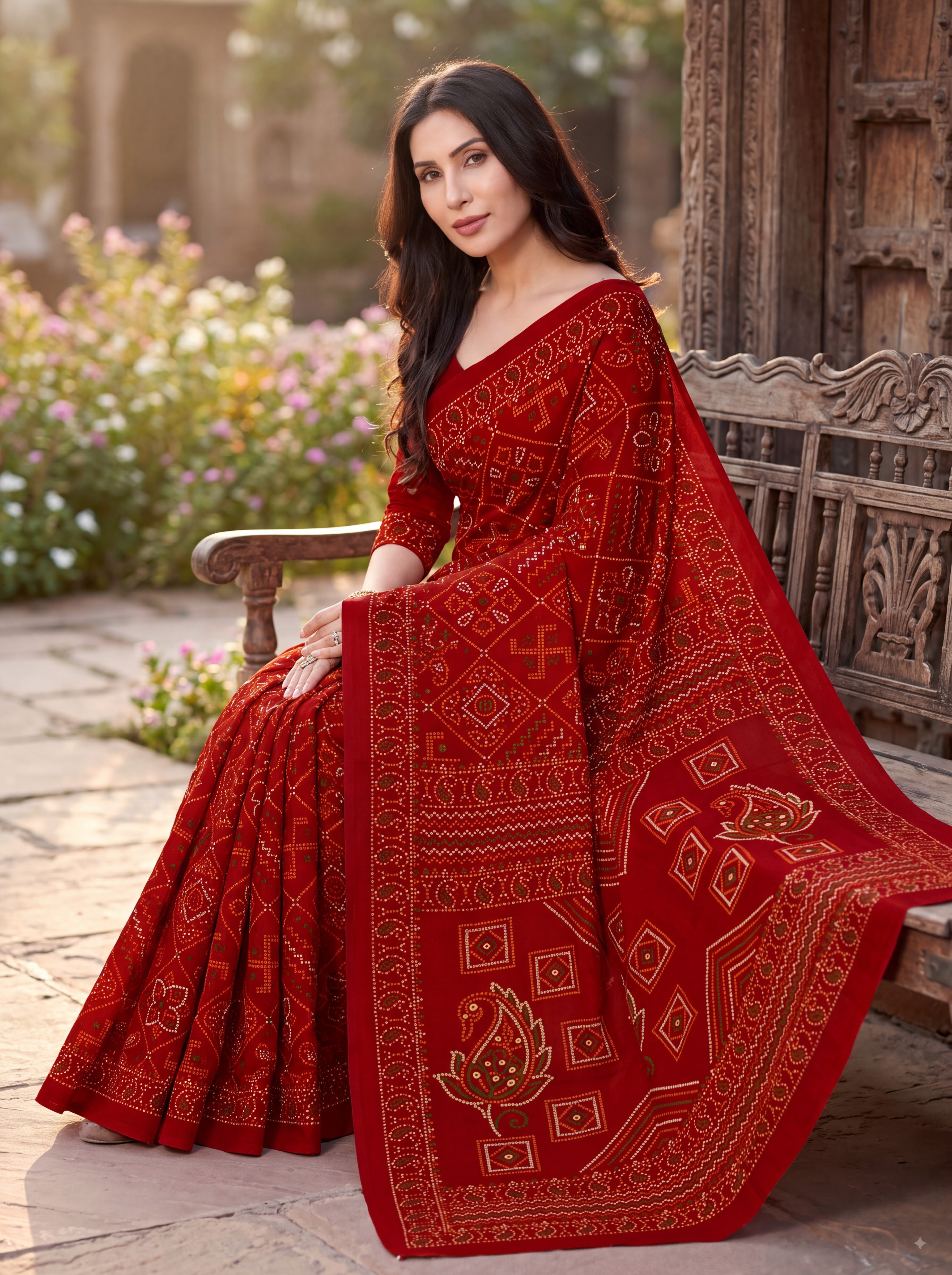Padmavati Heritage Print Red Bandhani Saree