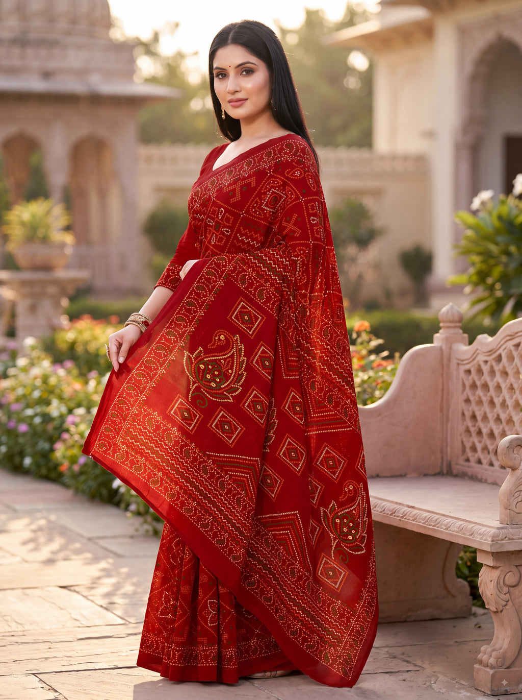 Padmavati Heritage Print Red Bandhani Saree