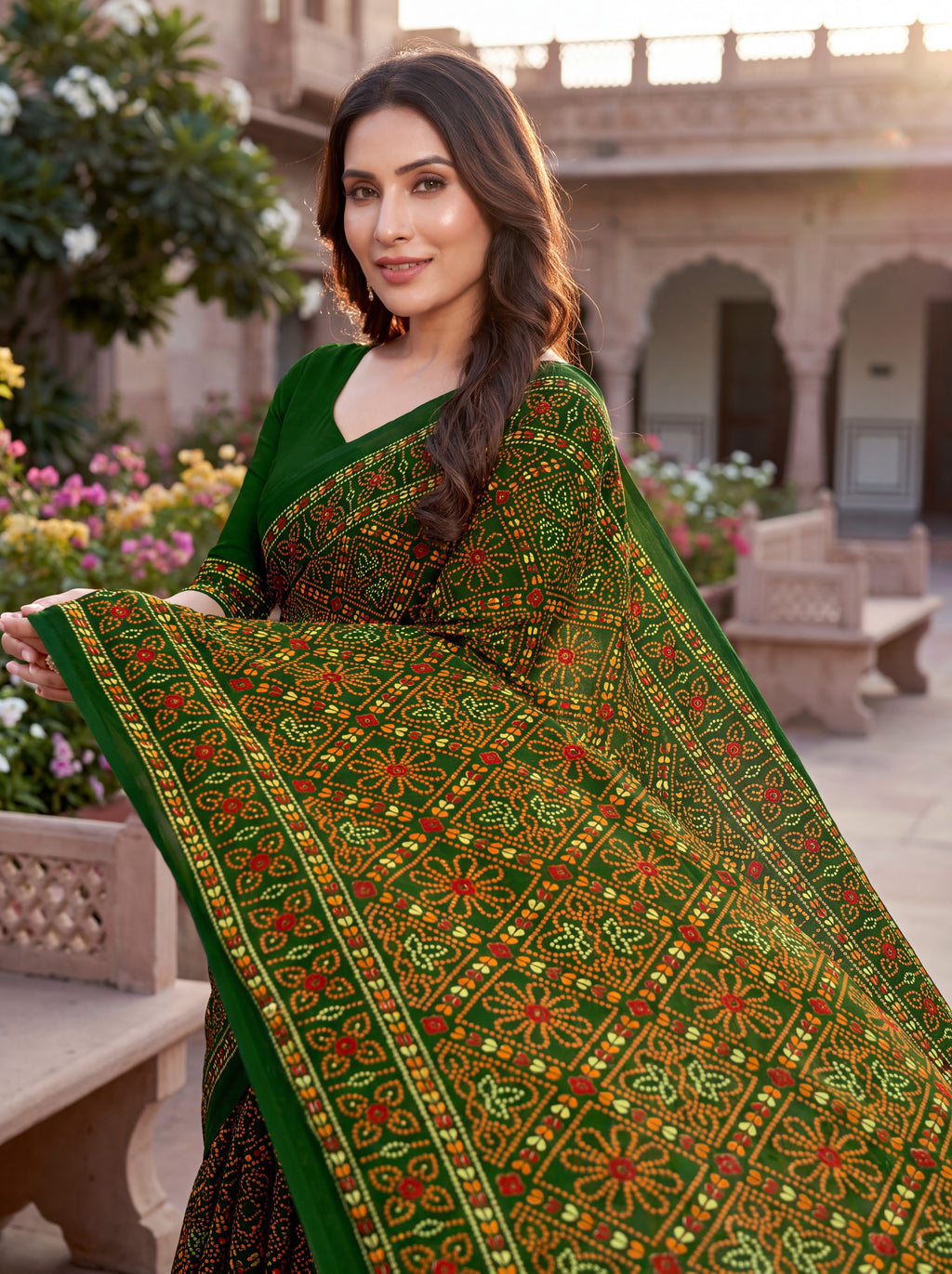 Raj Tilak Heritage Print Green Bandhani Saree