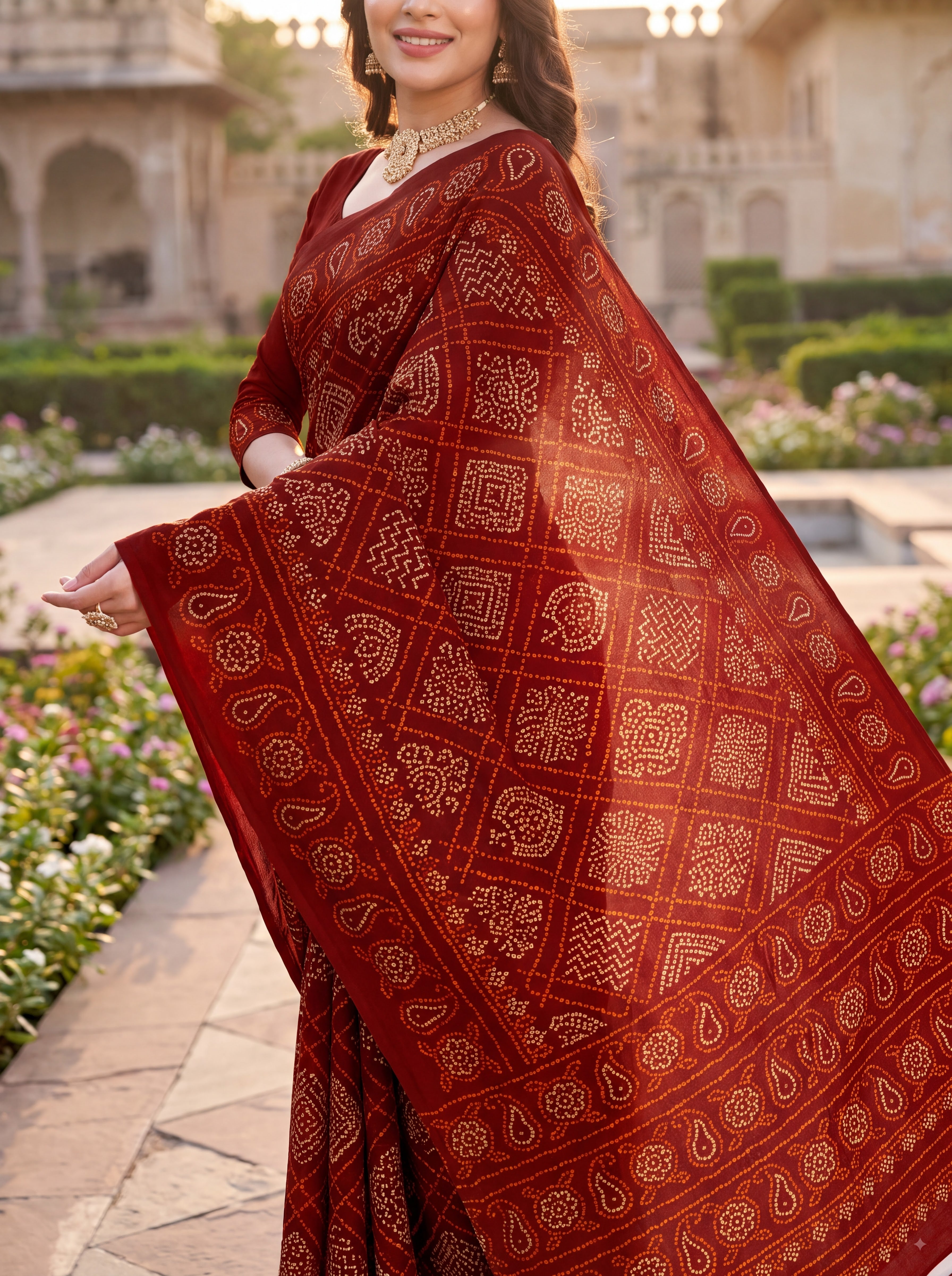 Raj Vaibhav Heritage Print Maroon Bandhani Saree