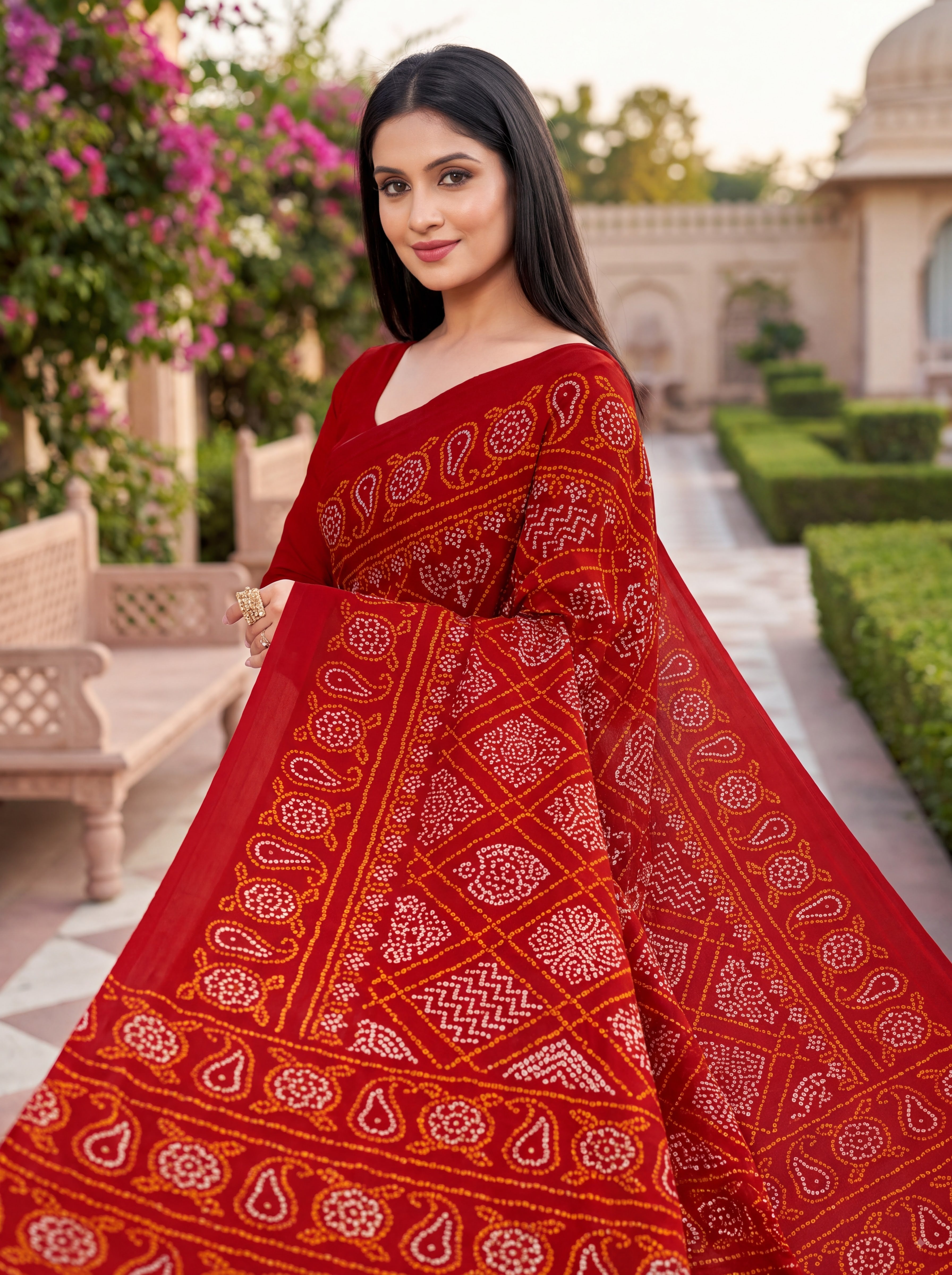 Raj Vaibhav Heritage Print Red Bandhani Saree