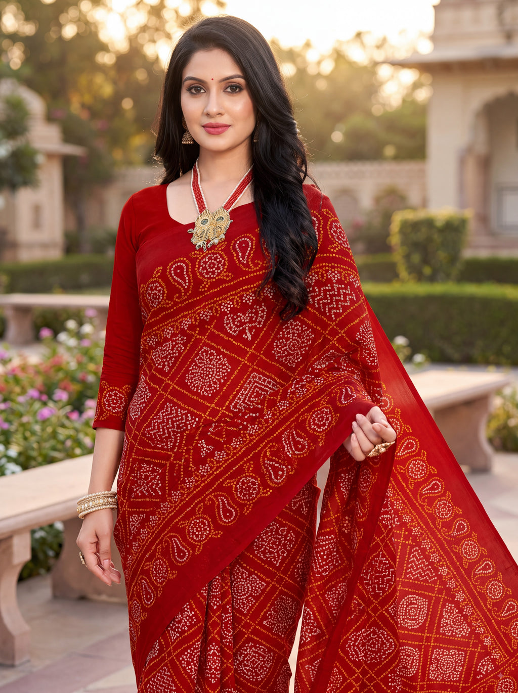 Raj Vaibhav Heritage Print Red Bandhani Saree