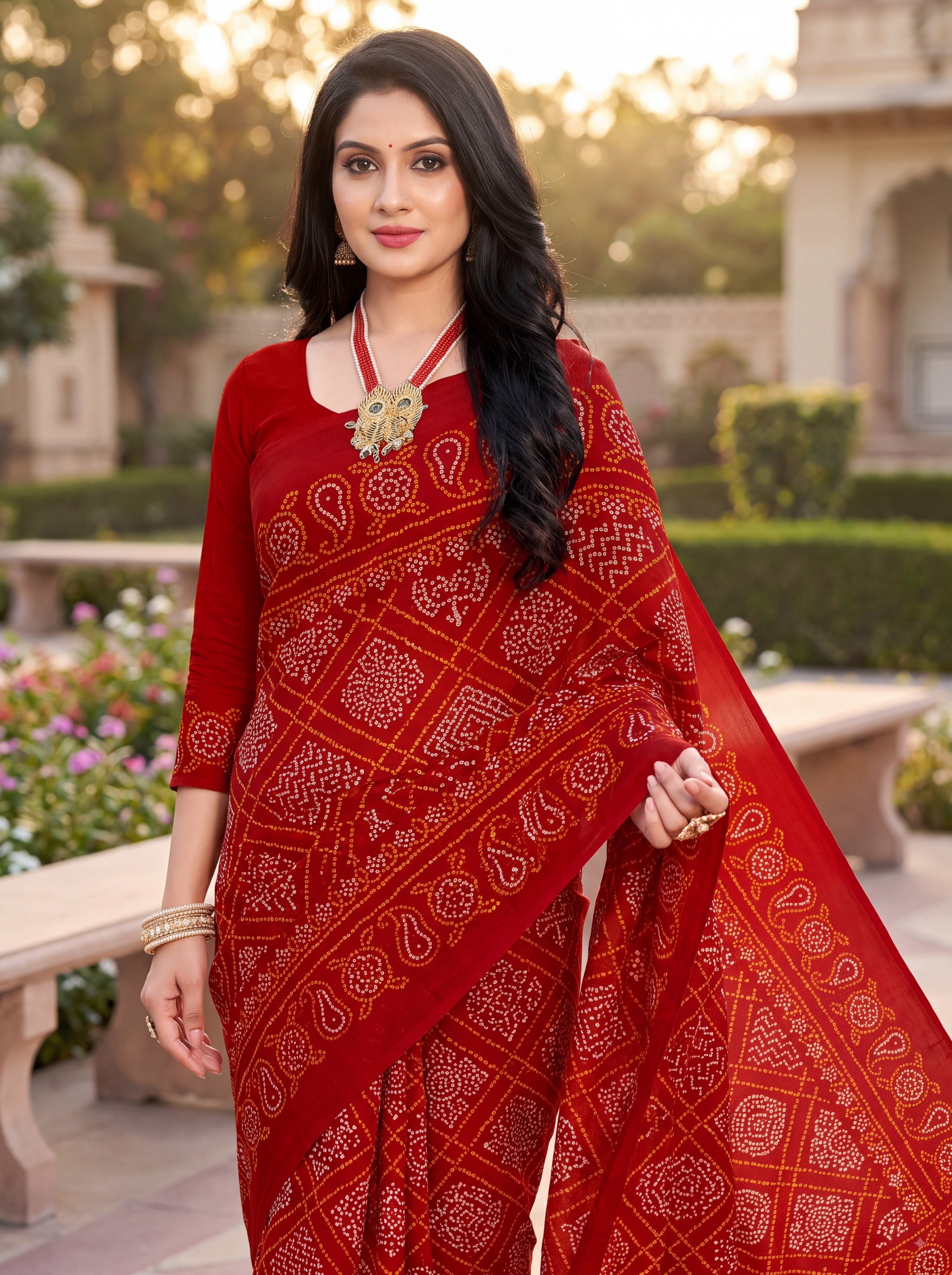 Raj Vaibhav Heritage Print Red Bandhani Saree