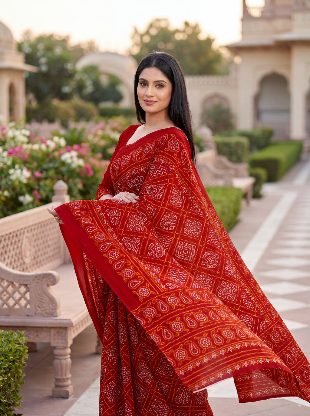 Raj Vaibhav Heritage Print Red Bandhani Saree