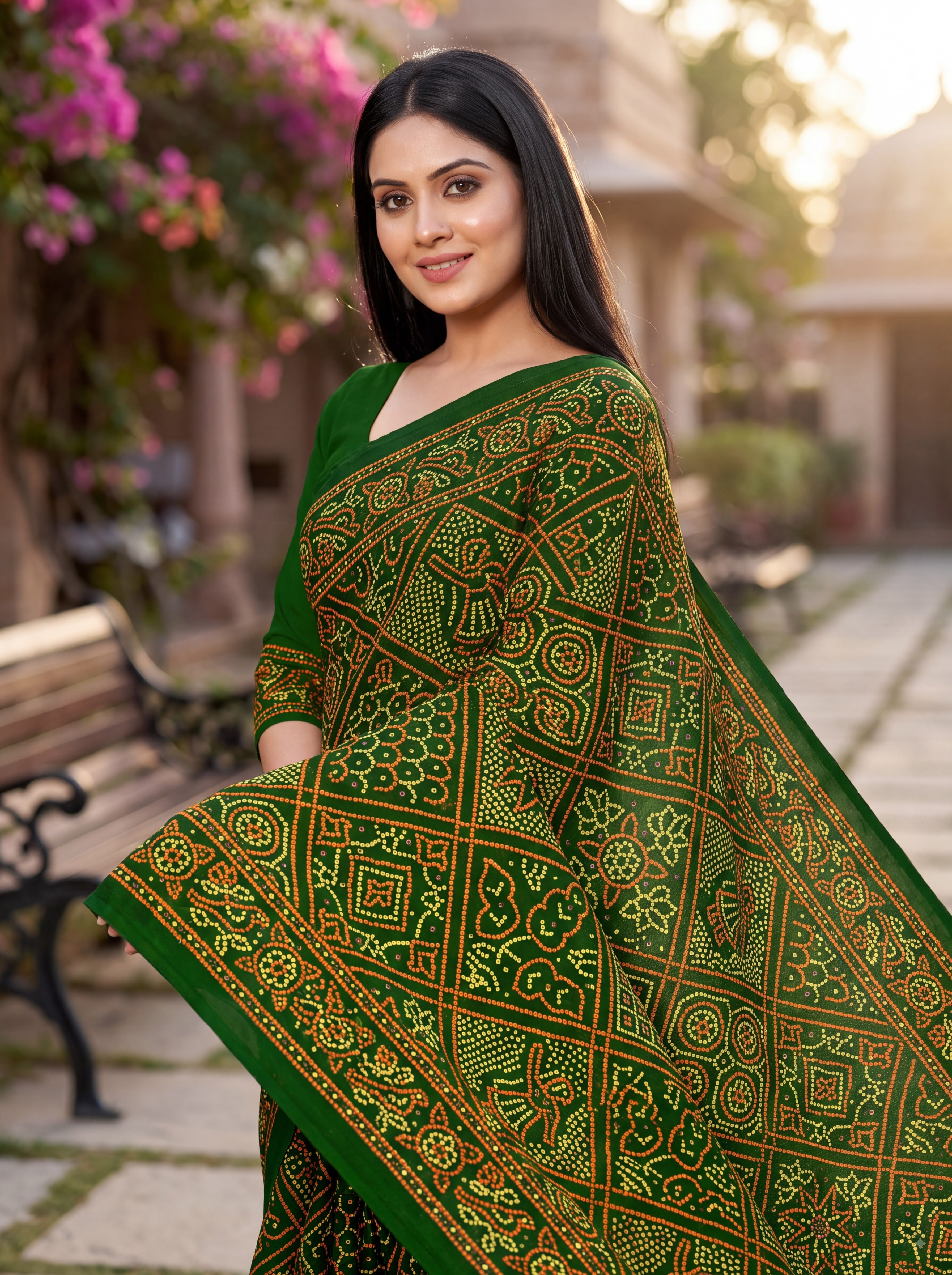 Maharani Heritage Print Green Bandhani Saree