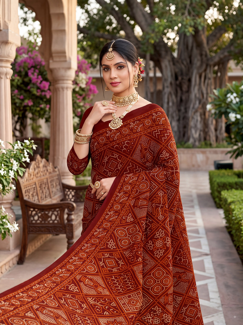 Maharani Heritage Print Maroon Bandhani Saree