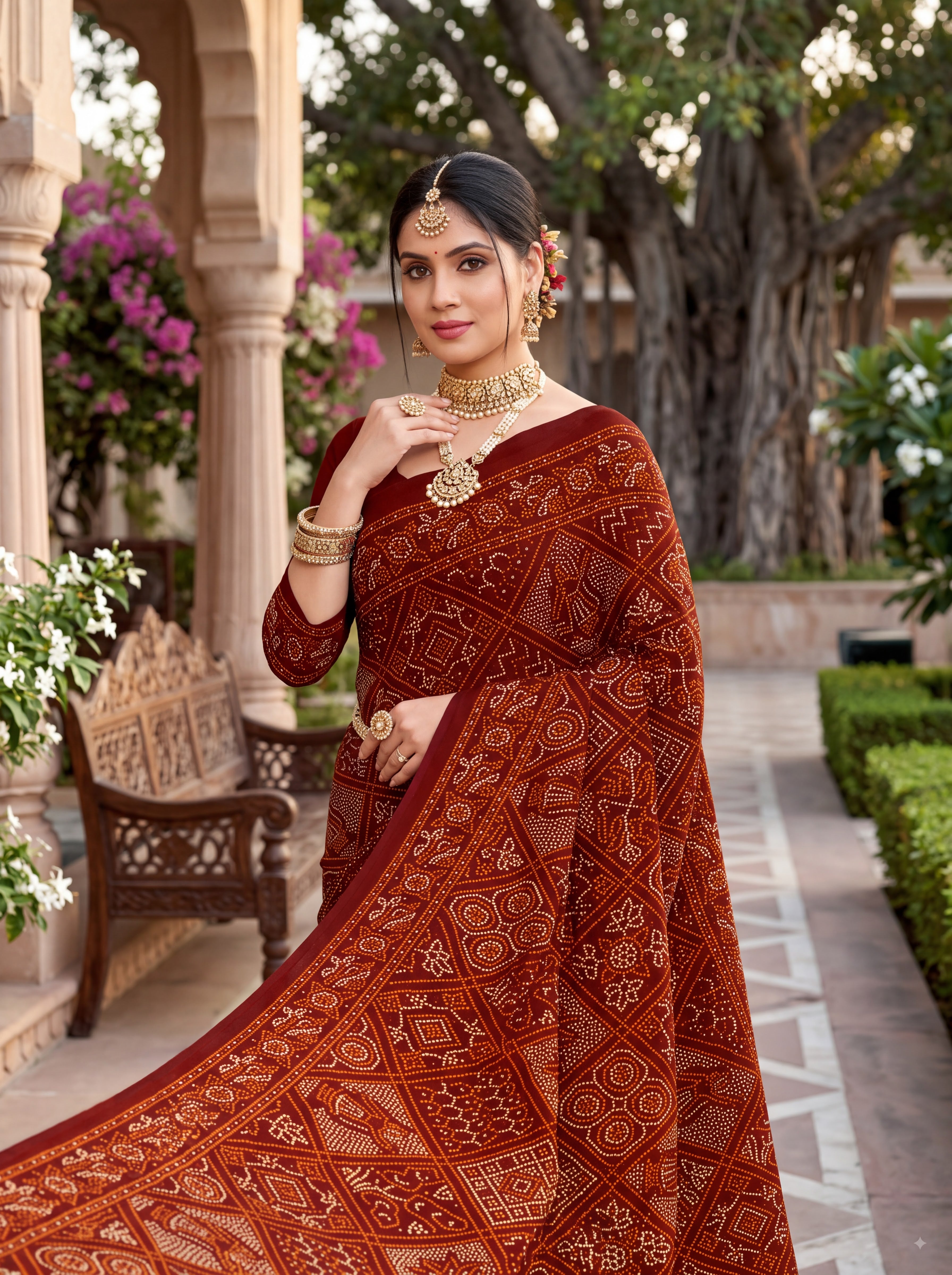 Maharani Heritage Print Maroon Bandhani Saree