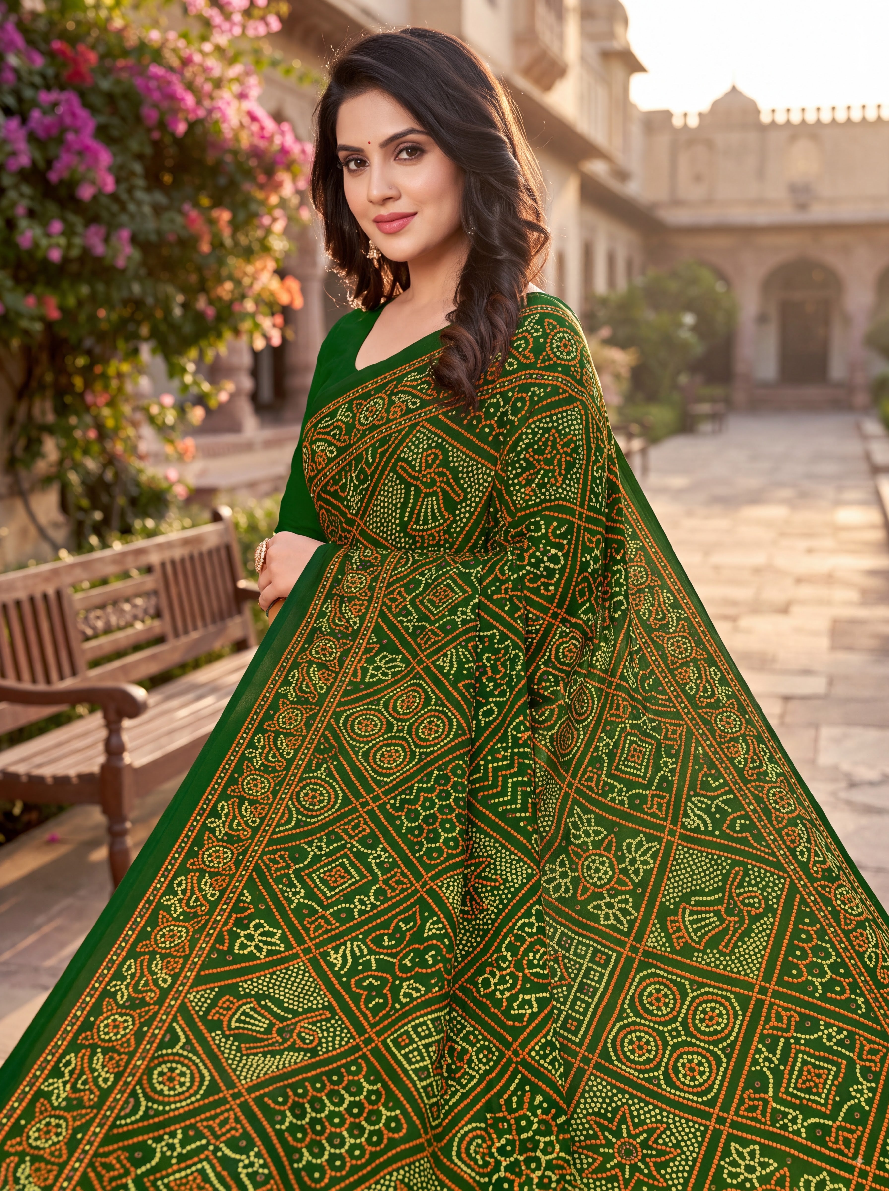 Maharani Heritage Print Green Bandhani Saree