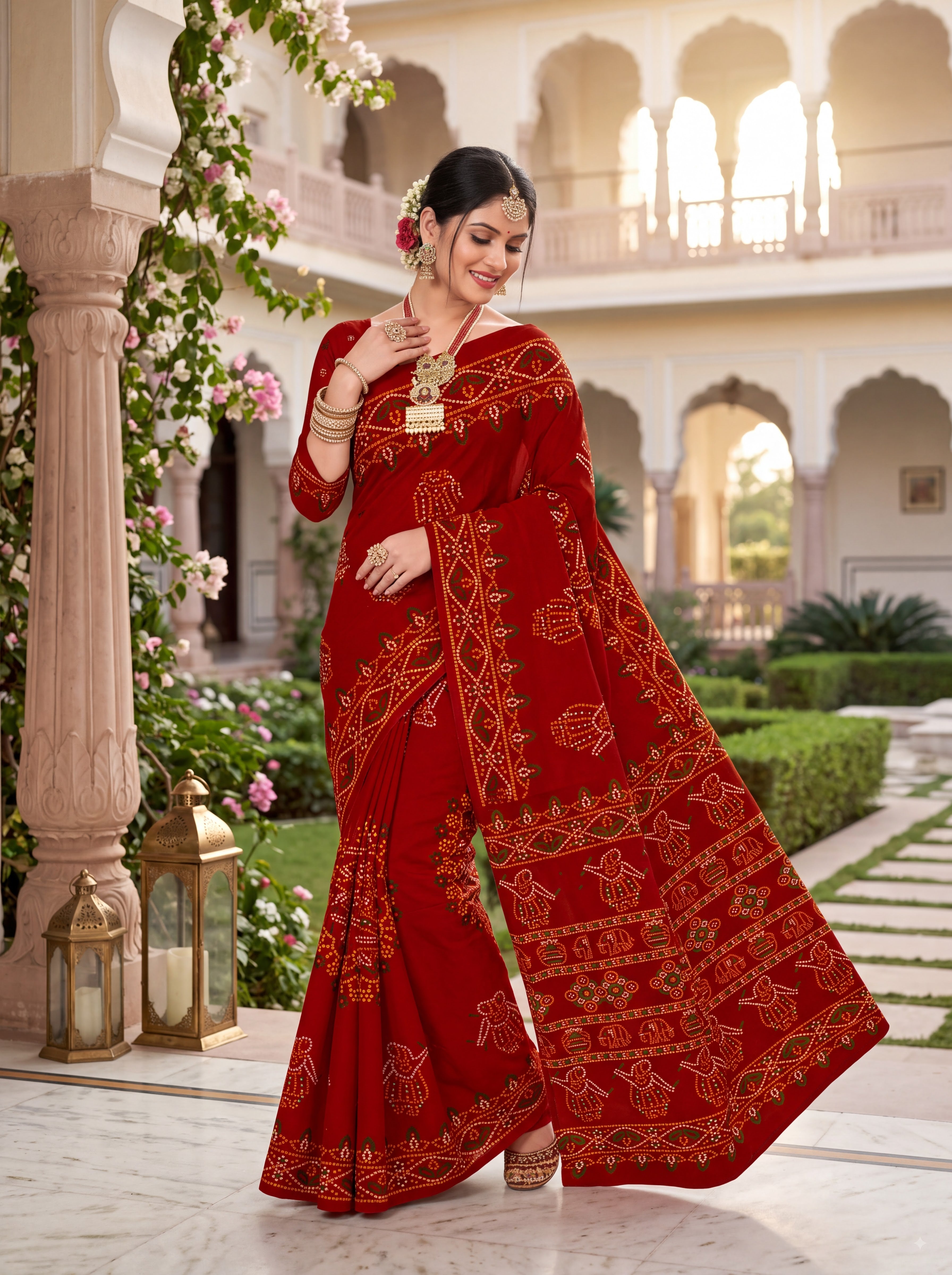 Rasmandala Heritage Print Red Color Bandhani Saree