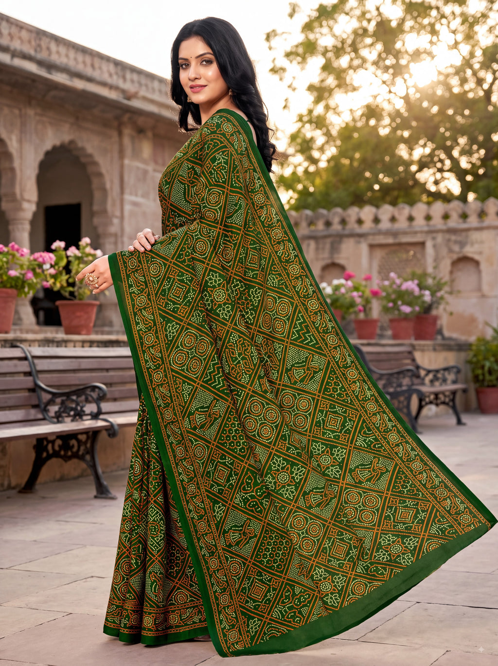 Maharani Heritage Print Green Bandhani Saree