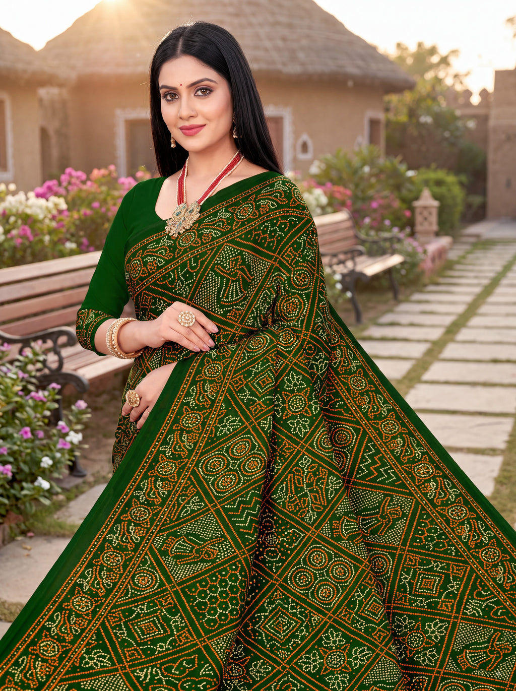 Maharani Heritage Print Green Bandhani Saree
