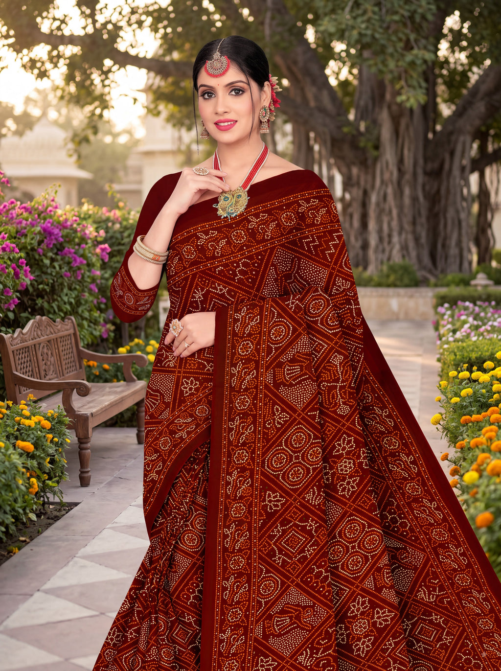 Maharani Heritage Print Maroon Bandhani Saree
