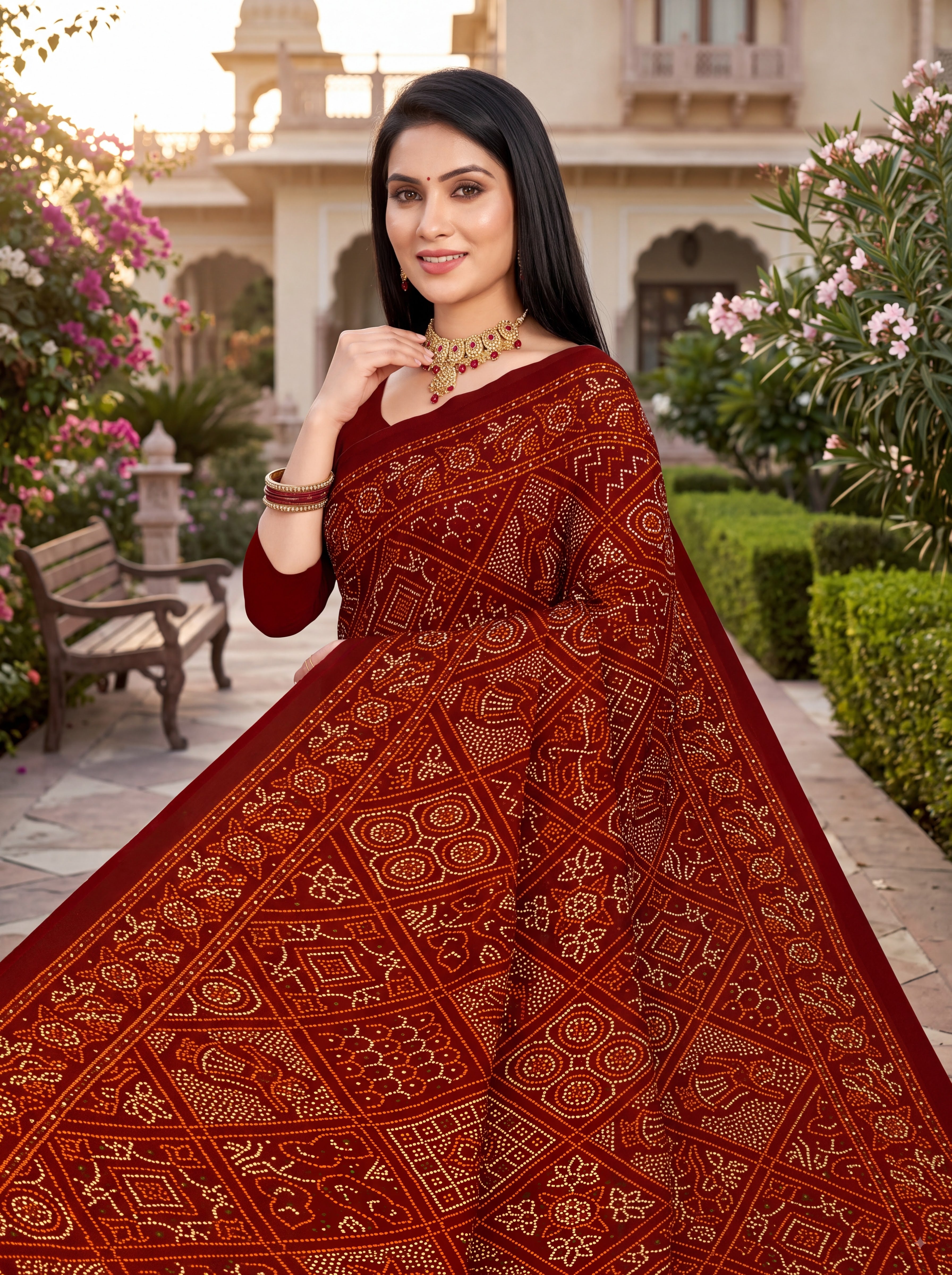 Maharani Heritage Print Maroon Bandhani Saree