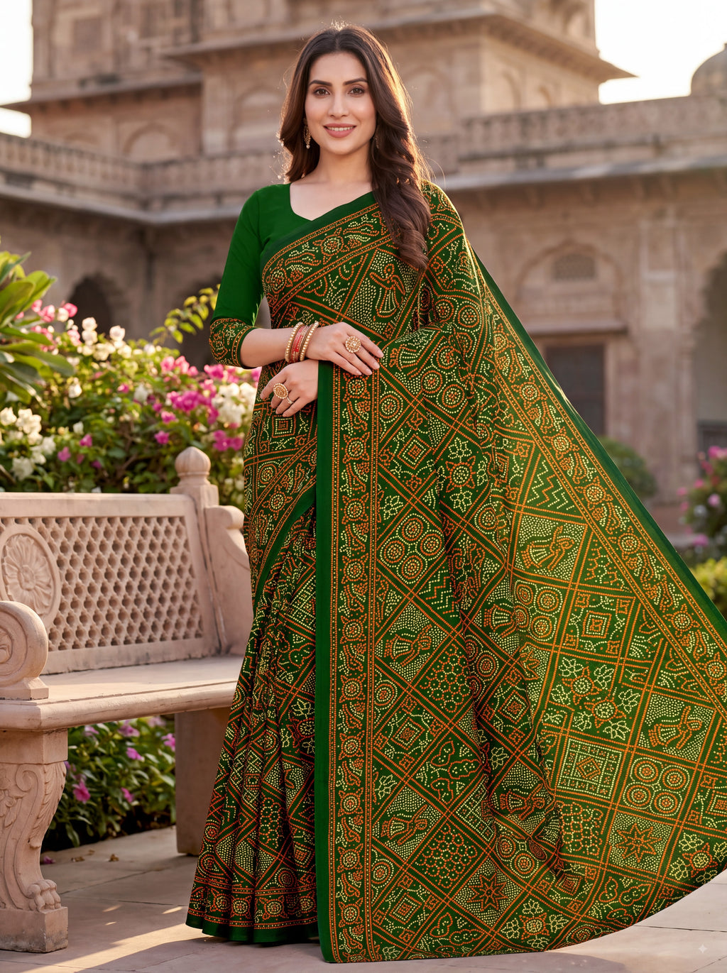 Maharani Heritage Print Green Bandhani Saree