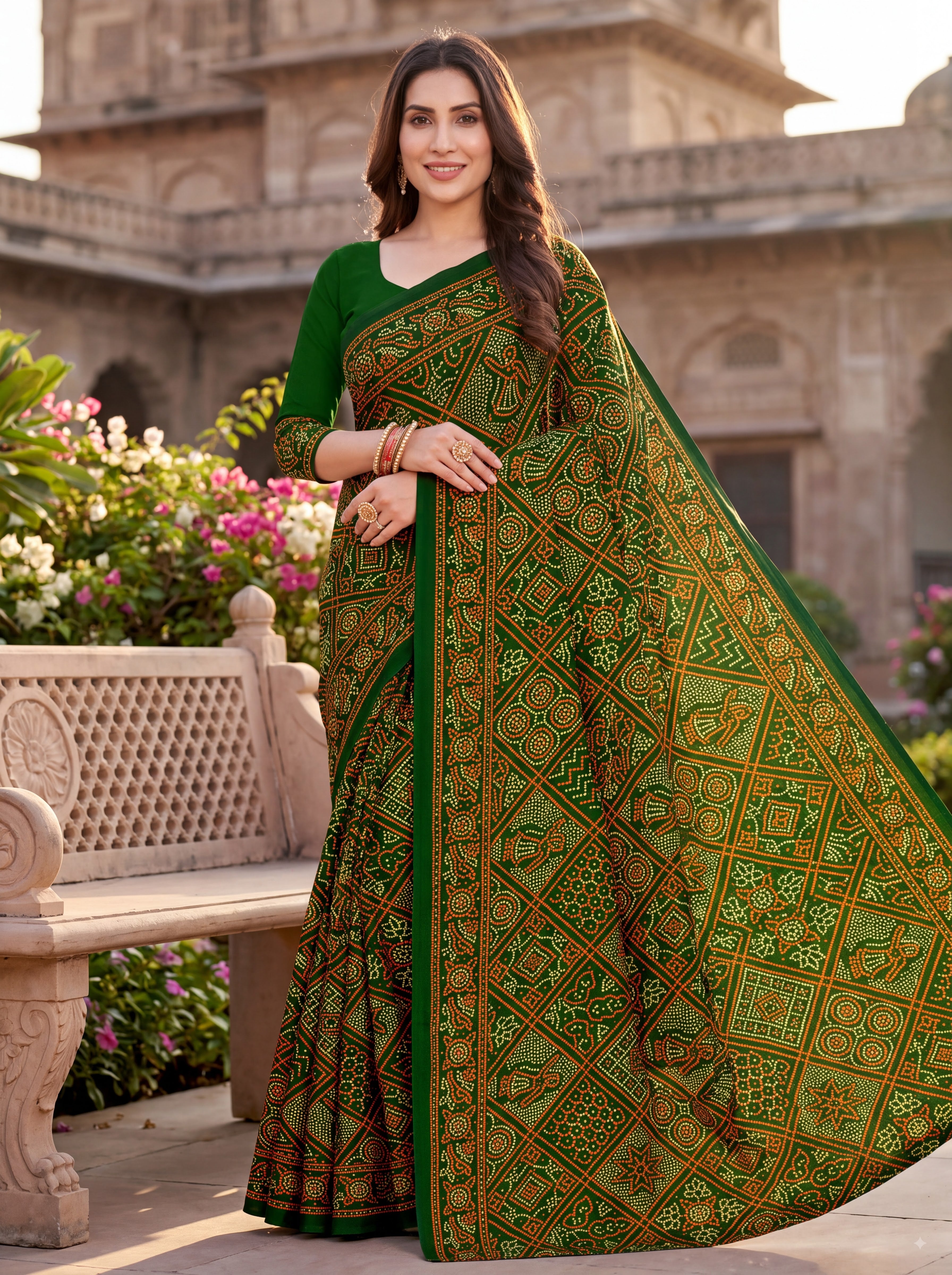 Maharani Heritage Print Green Bandhani Saree