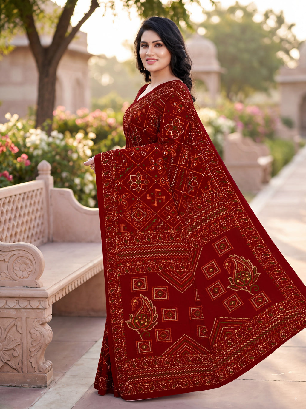 Padmavati Heritage Print Maroon Bandhani Saree