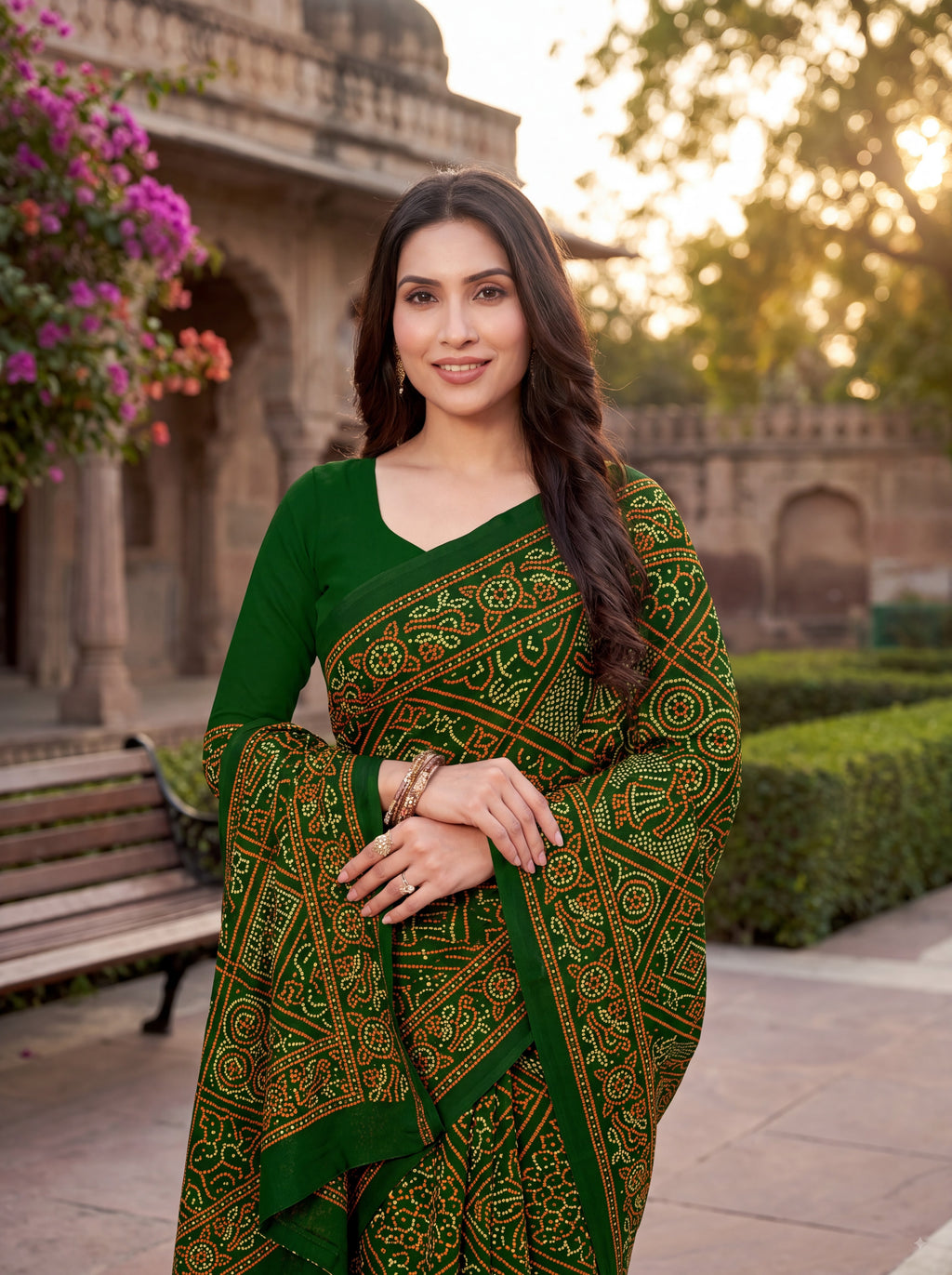 Maharani Heritage Print Green Bandhani Saree