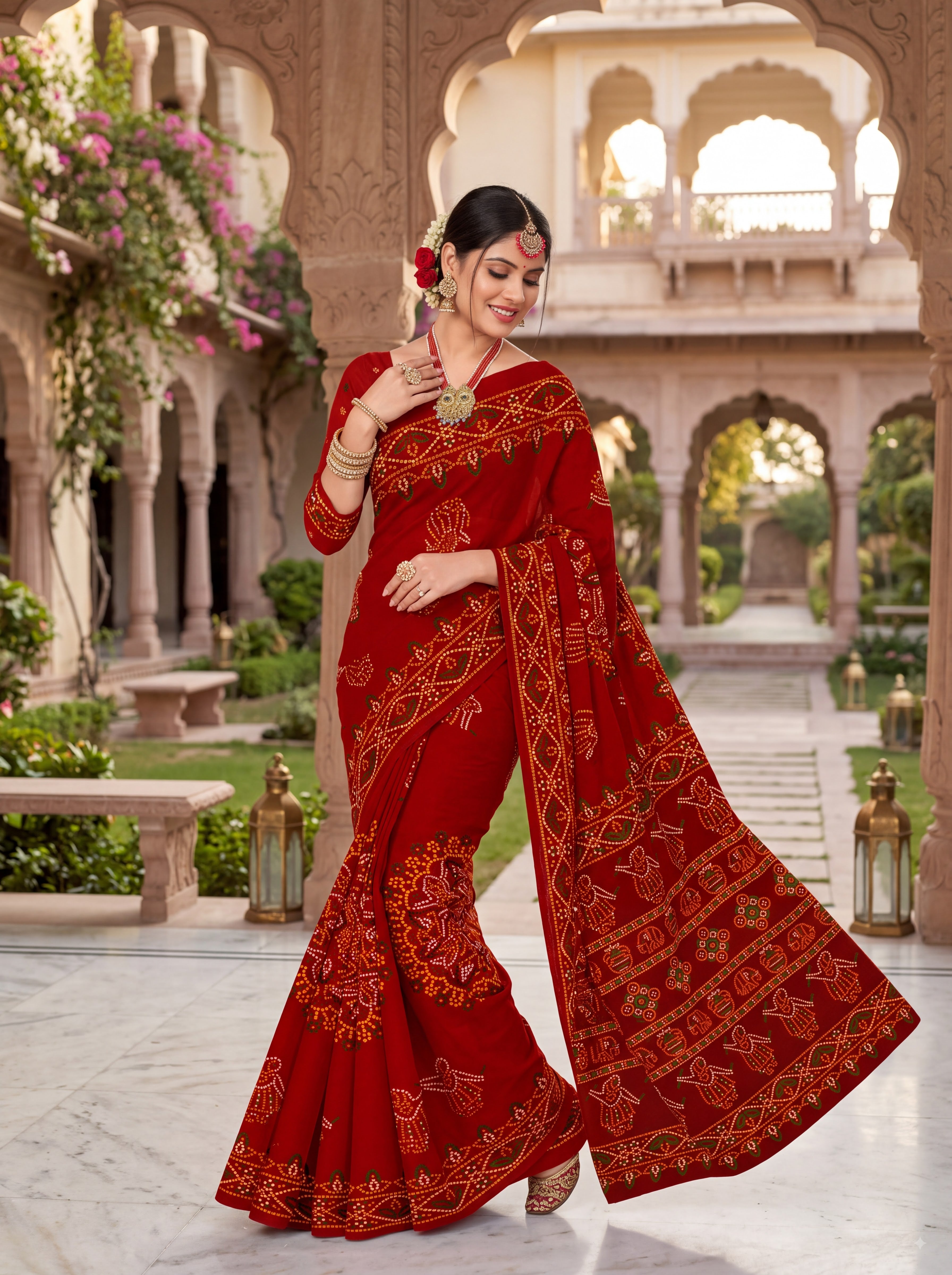Rasmandala Heritage Print Red Color Bandhani Saree