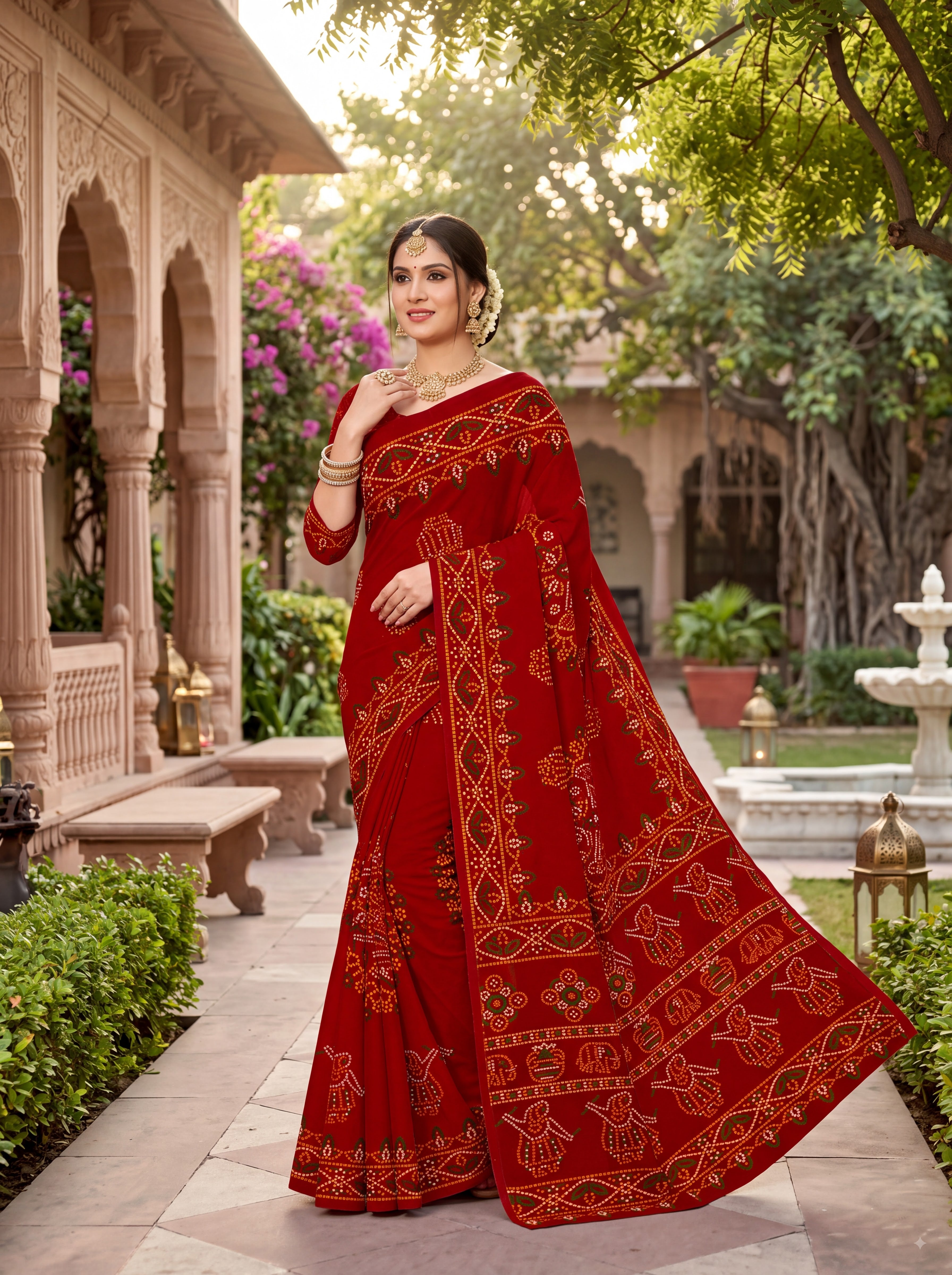 Rasmandala Heritage Print Red Color Bandhani Saree
