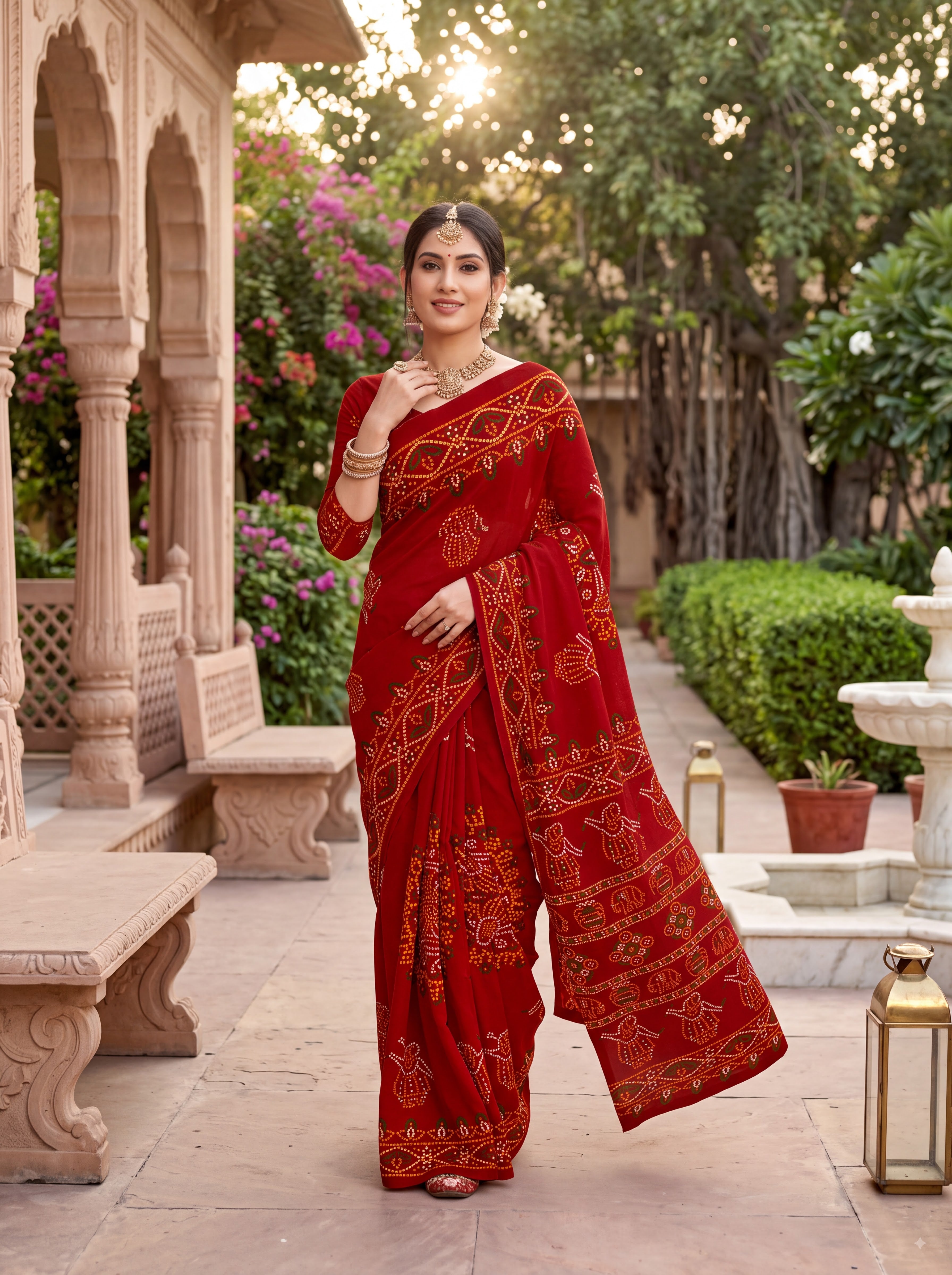 Rasmandala Heritage Print Red Color Bandhani Saree